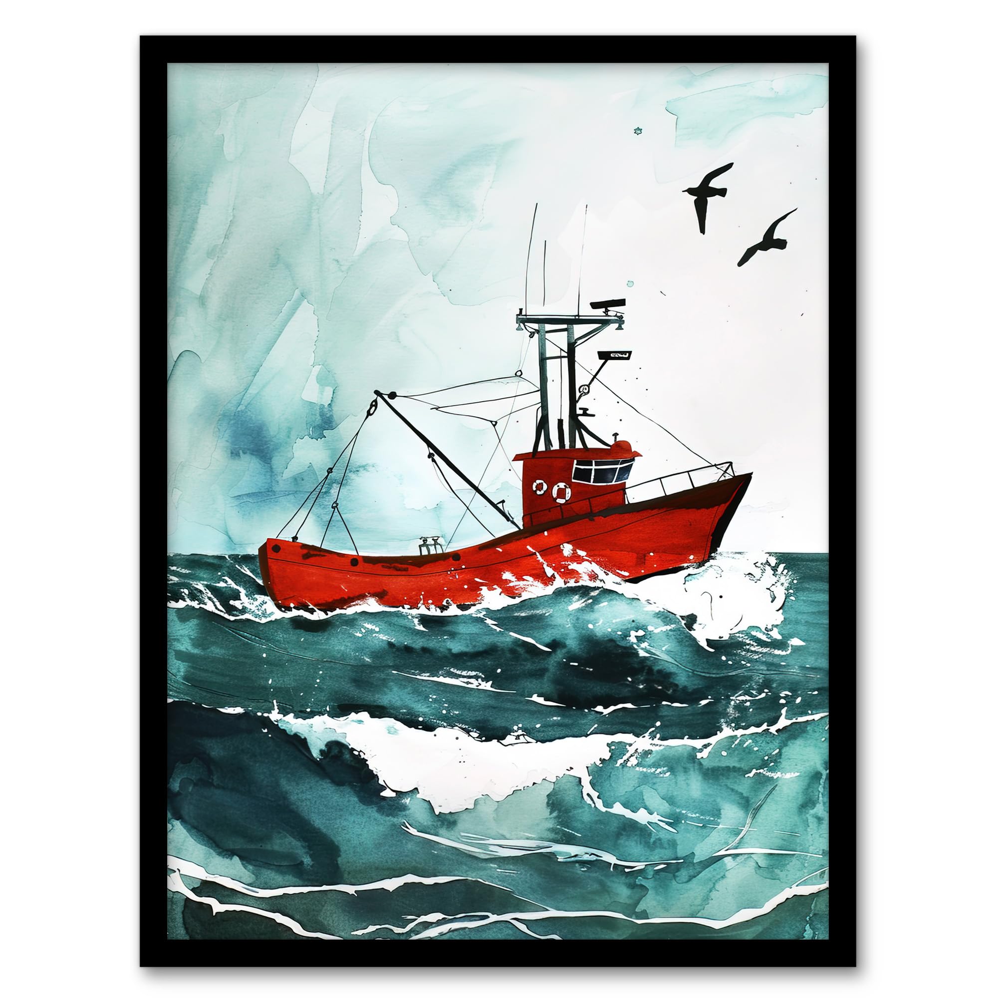 Artery8 Red Fishing Boat At Sea Nautical Watercolour Wall Art PrintA4 Size from B&Q