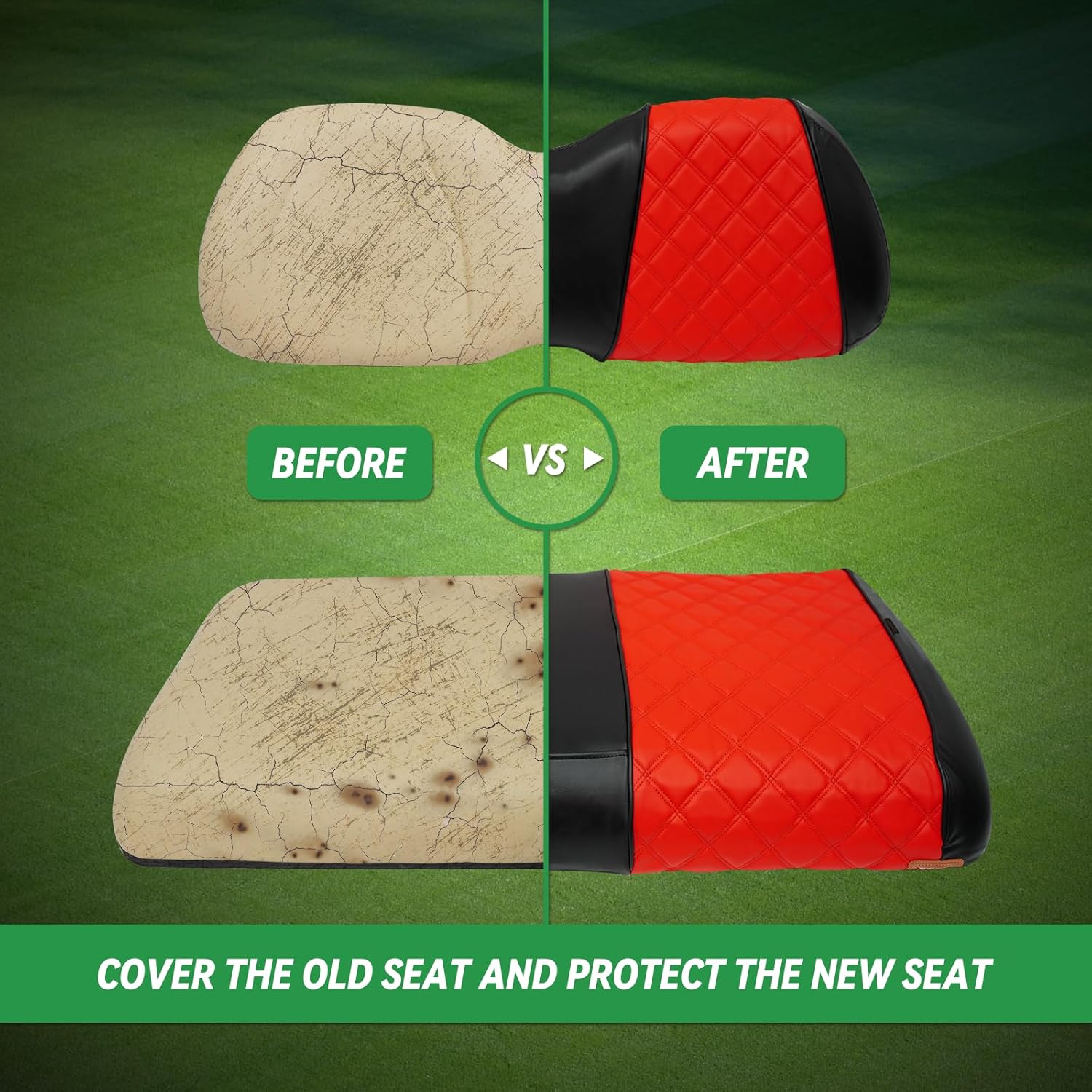 XUANYUDG0769 Golf Cart Seat Covers for Club Car Precedent OEM Ordianry Front Seat Cushion, No Stapler Thick Vinyl Leather Diamond Club Car Precedent Seat Covers, Red