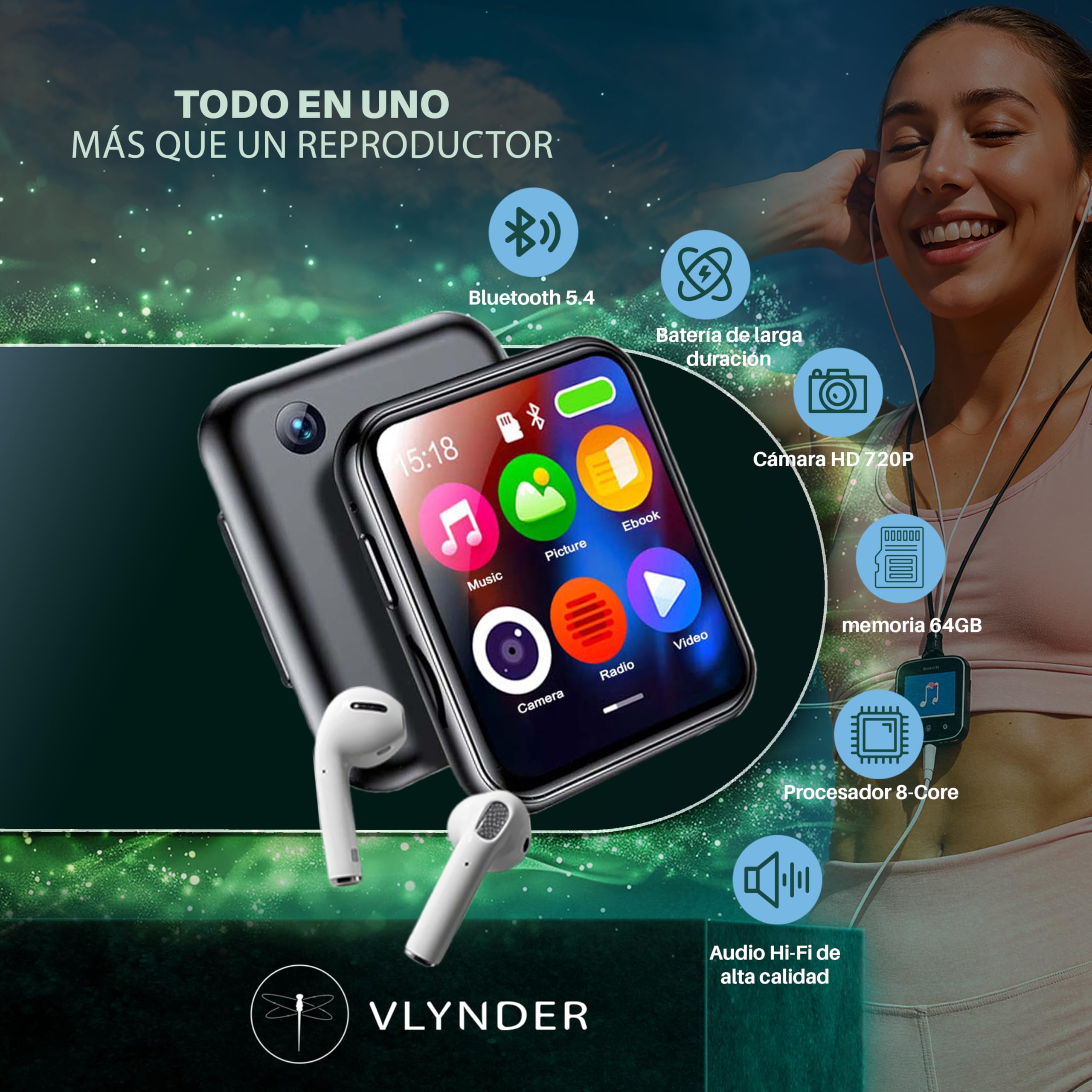 Reproductor MP3 con Bluetooth 5.4, 64GB | Mini HiFi-Music Player con Clip Deportivo | Premium | Pantalla Táctil 2,01 Pulgadas | Cámara 720P | Radio FM | Grabadora de Voz | Expansible 256gb