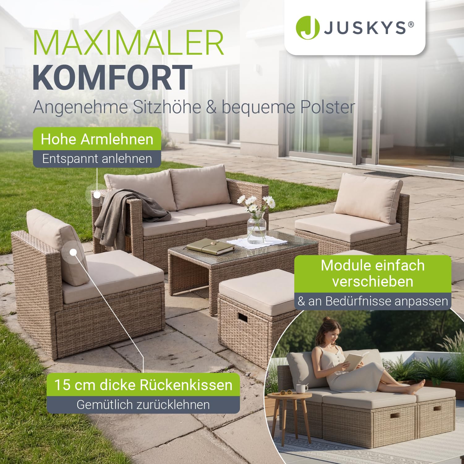 Juskys® Polyrattan Gartenmöbel Set Salou inkl. Abdeckung - Outdoor Lounge wetterfest 6 Personen - Sitzecke mit Tisch & Kissen für Garten, Balkon, Terrasse - Creme/Sand