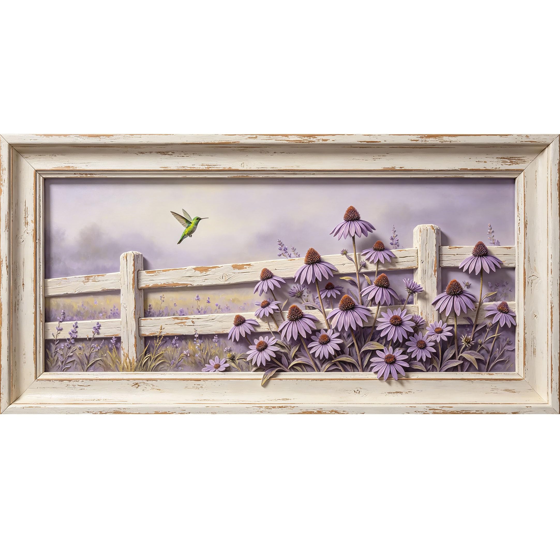 Agglomerix 3D Framed Wall Art Hummingbird Lavender Daisy Floral Botanical Farmhouse Large Size Self-Adhesive Removable Wall Decor Prints Artwork for Living Room Bedroom Office