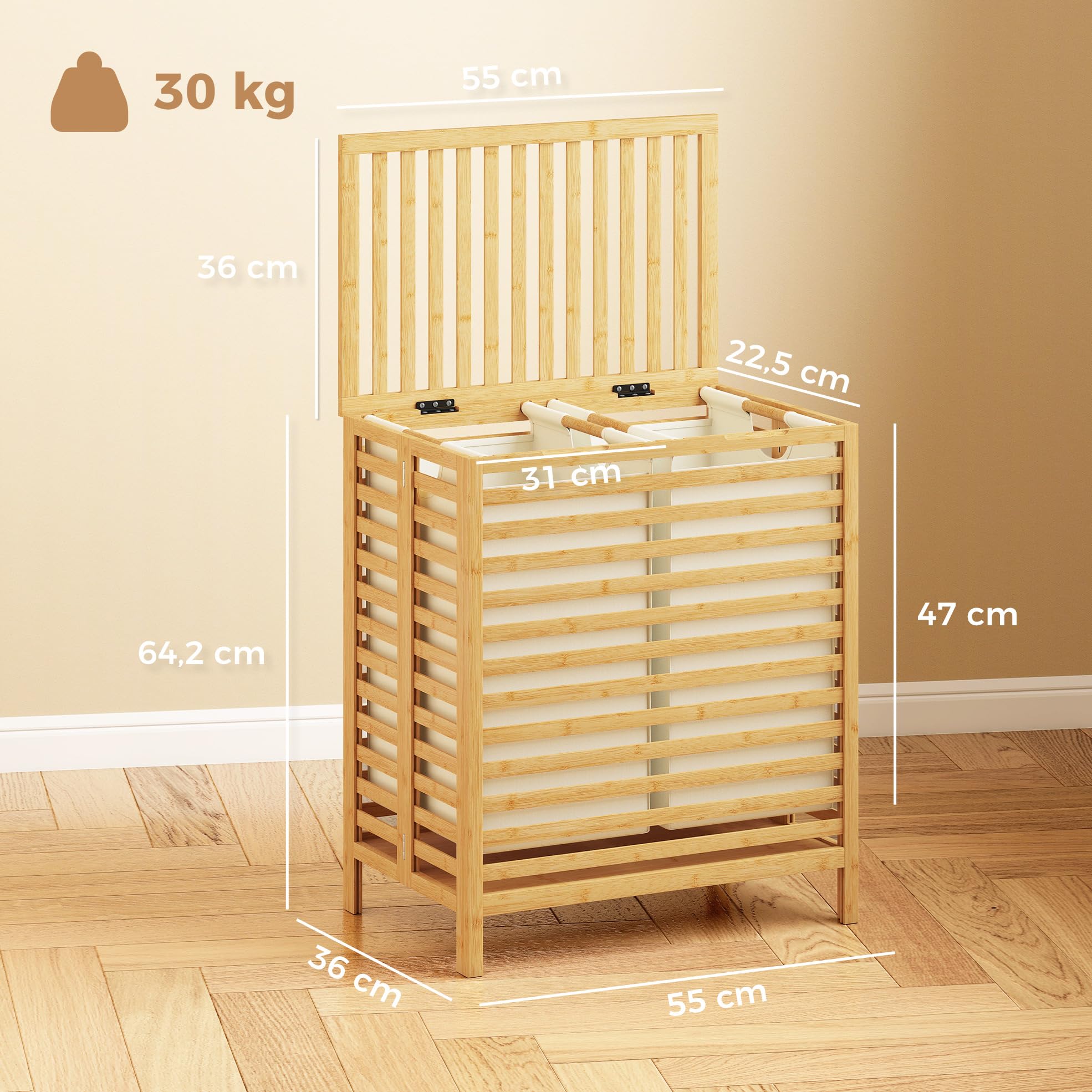 HOMCOM Cesta de ropa de bambú con tapa, 64L bambú natural y blanco crema
