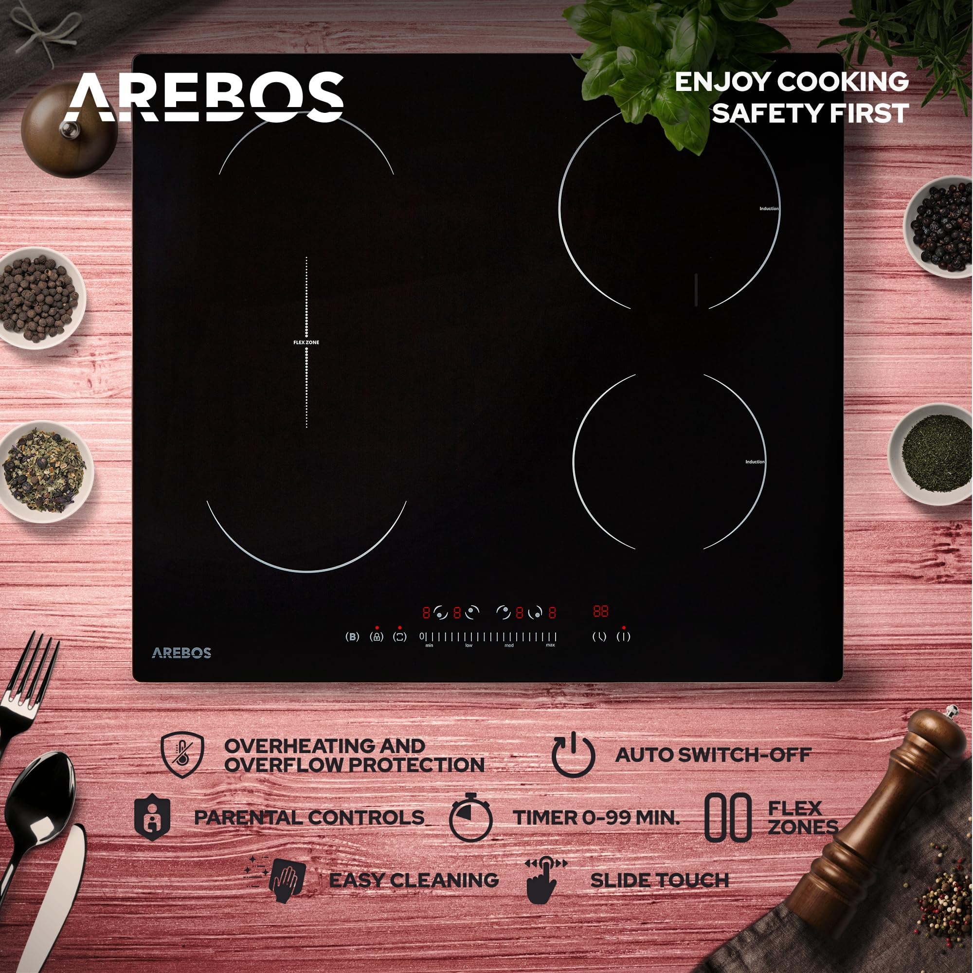 Arebos Płyta indukcyjna z funkcją boostera, 7200 W, 4 płyty Flexzone, 59 cm, autonomiczne szybkie nagrzewanie, czujnik dotykowy, timer, zabezpieczenie przed dziećmi
