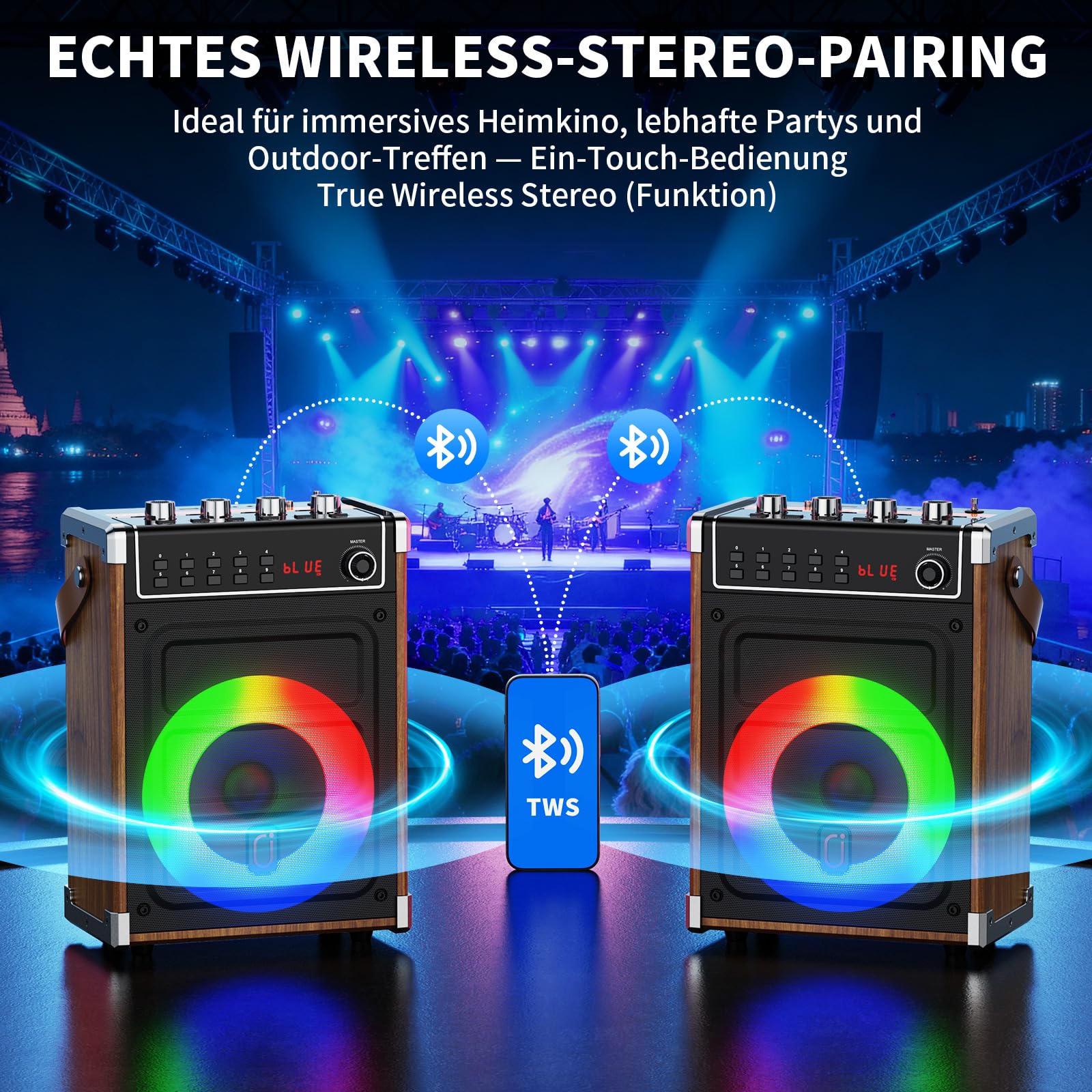 JYX Karaoke Maschine mit 2 UHF-Funkmikrofonen, Bluetooth-Lautsprecher mit Bass-/Höhen-Einstellung und LED-Licht, PA-Systemunterstützung TWS, AUX in, FM, Rec, Versorgung für Party/Erwachsene/Kinder