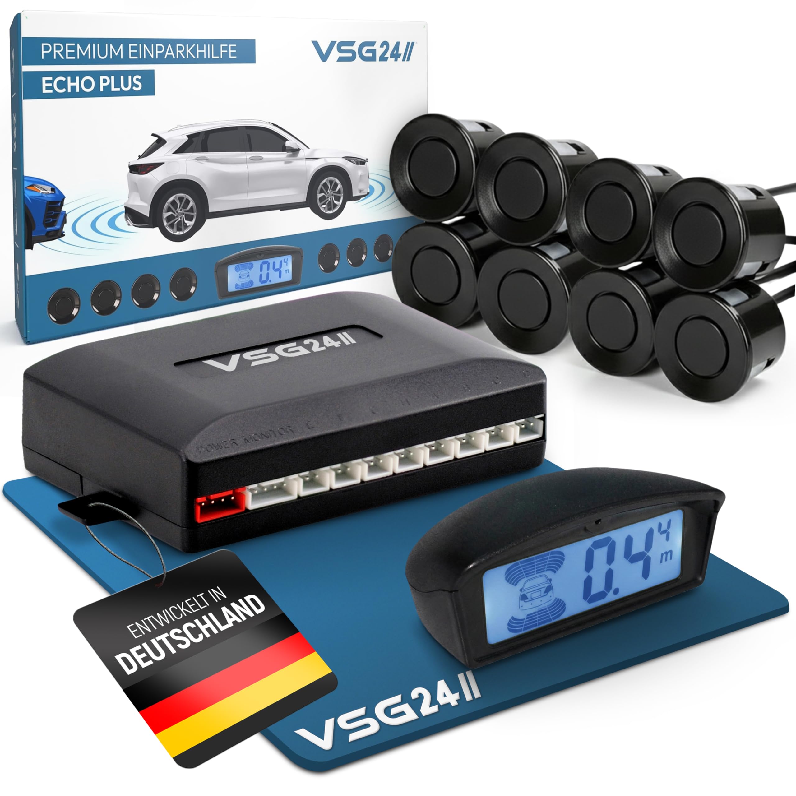 VSG24 Echo Plus Einparkhilfe Set vorne & hinten mit Display & 8 Sensoren – robuste Parkhilfe für Fahrzeuge, Wohnmobil & Transporter – LED-Anzeige & akustischer Warner – bis 12 m – 12V PDC Nachrüstset