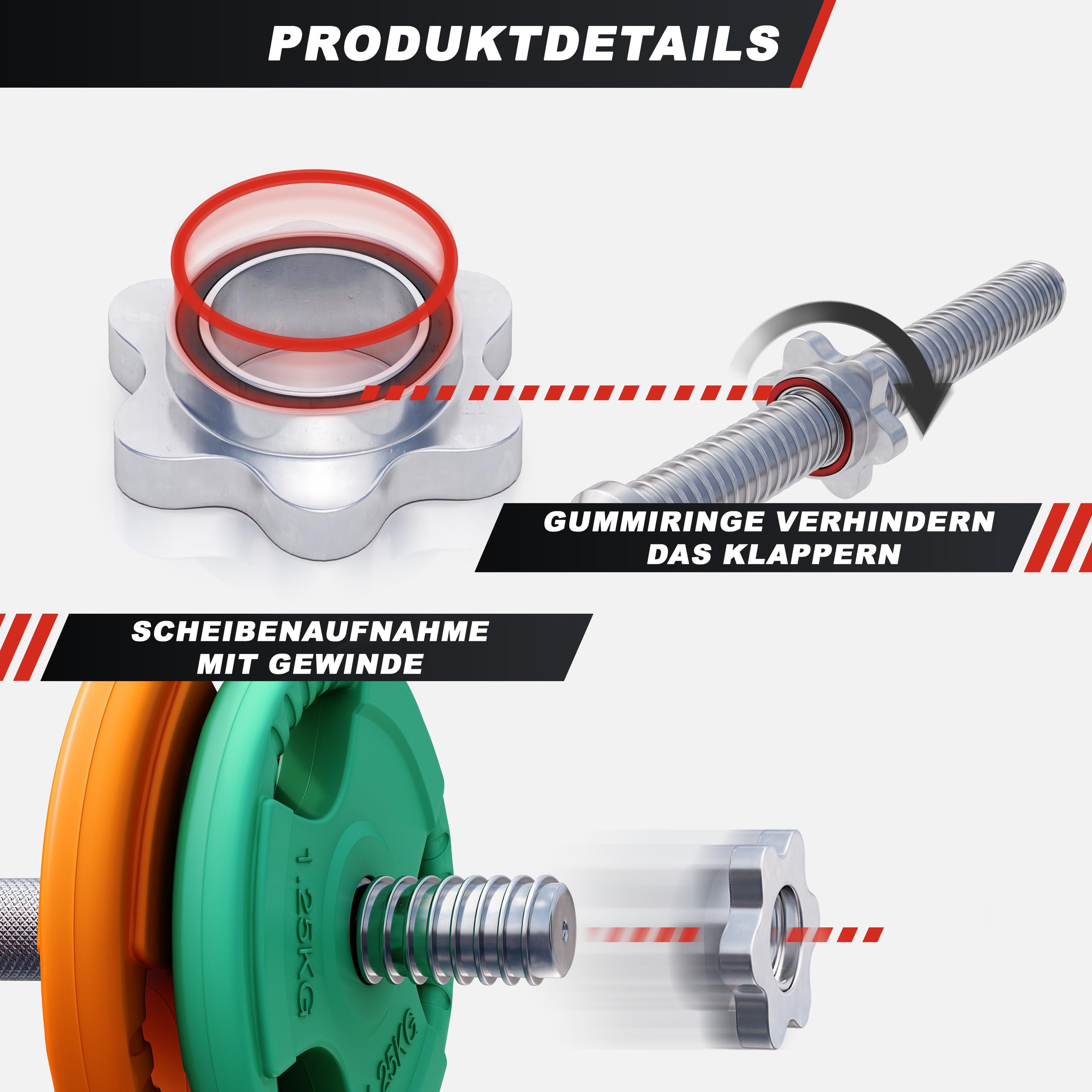 GORILLA SPORTS® Kurzhantelset 20 kg, 2er Set, Gusseisen, Gummi Gripper | 30 mm, 4 x 1,25 kg und 4 x 2,5 kg Hantelscheiben, mit Stern- oder Federverschlüssen und gerändeltem Griff; Kurzhanteln