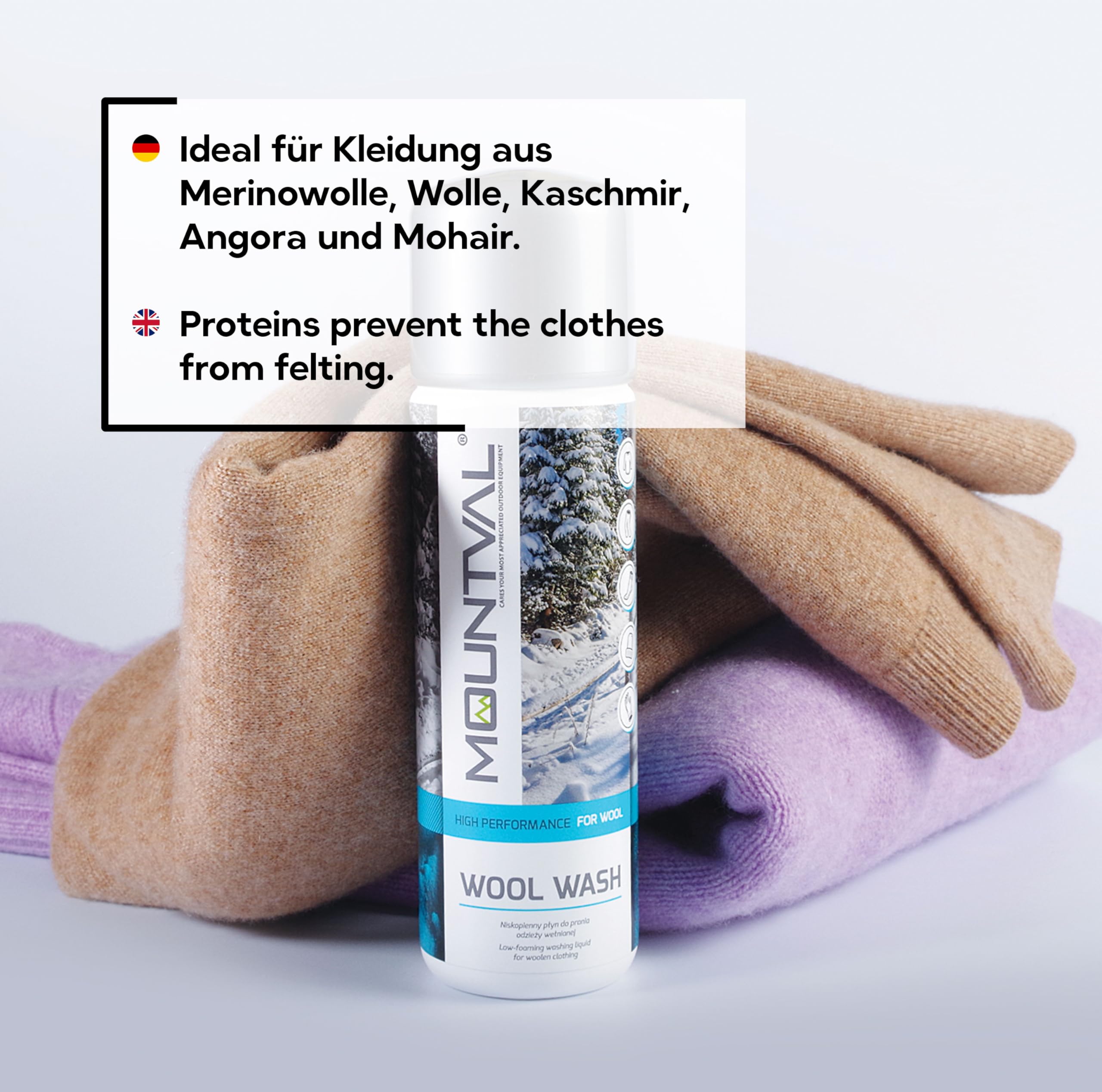 Mountval Wool Wash | Wodoodporny Detergent do Wełny Merino, Kaszmiru, Wełny, Angory i Mohairu | Do Swetrów, Skarpet, Czapek, Rękawiczek | Do Membrany Gore-Tex | Wszystkie Kolory Prania