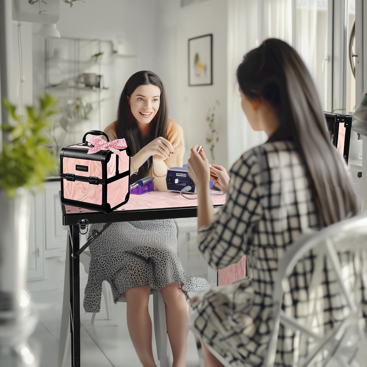 BYOOTIQUE Folding Nail Table with Storage Protable Nail Station Kit with 2-Tier Trays Makeup Train Case Cosmetic Organizer for Beauty Salon Barbershop Manicurist,CTB Pink