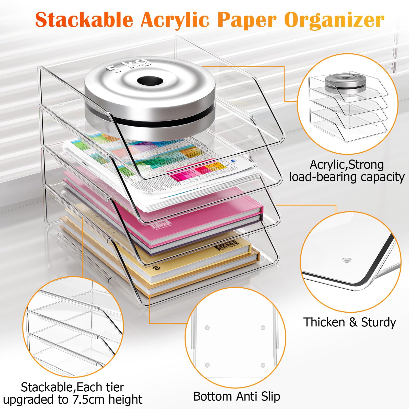 Vivihomety Organizer per carta, confezione da 2 organizer da scrivania impilabile, in acrilico, trasparente, per documenti, iPad, lettere, documenti da ufficio A4, libri, appunti