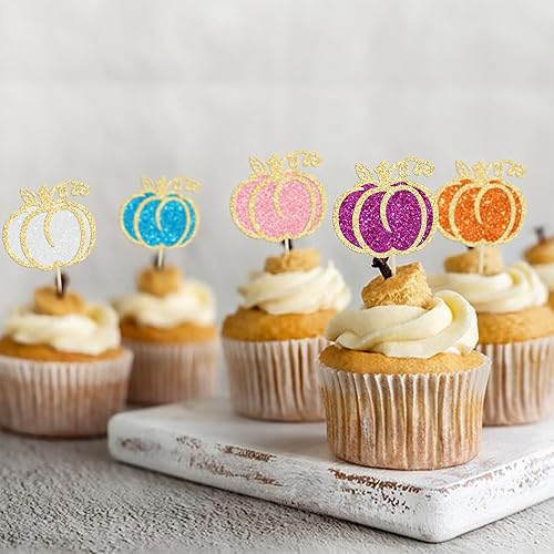 Miniatura 6 de Gyufise 24 adornos de calabaza para cupcakes temáticos de otoño, cosecha de otoño, decoración de pasteles temáticos para baby shower, cumpleaños,