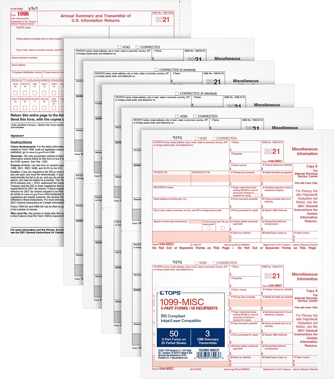 TOPS 1099 MISC 2 Up Forms 2021, 5 Part 1099 Forms, Laser/Inkjet Tax Form Sets for 50 Recipients, Includes 3 1096 Forms (TX22993-MISC21)