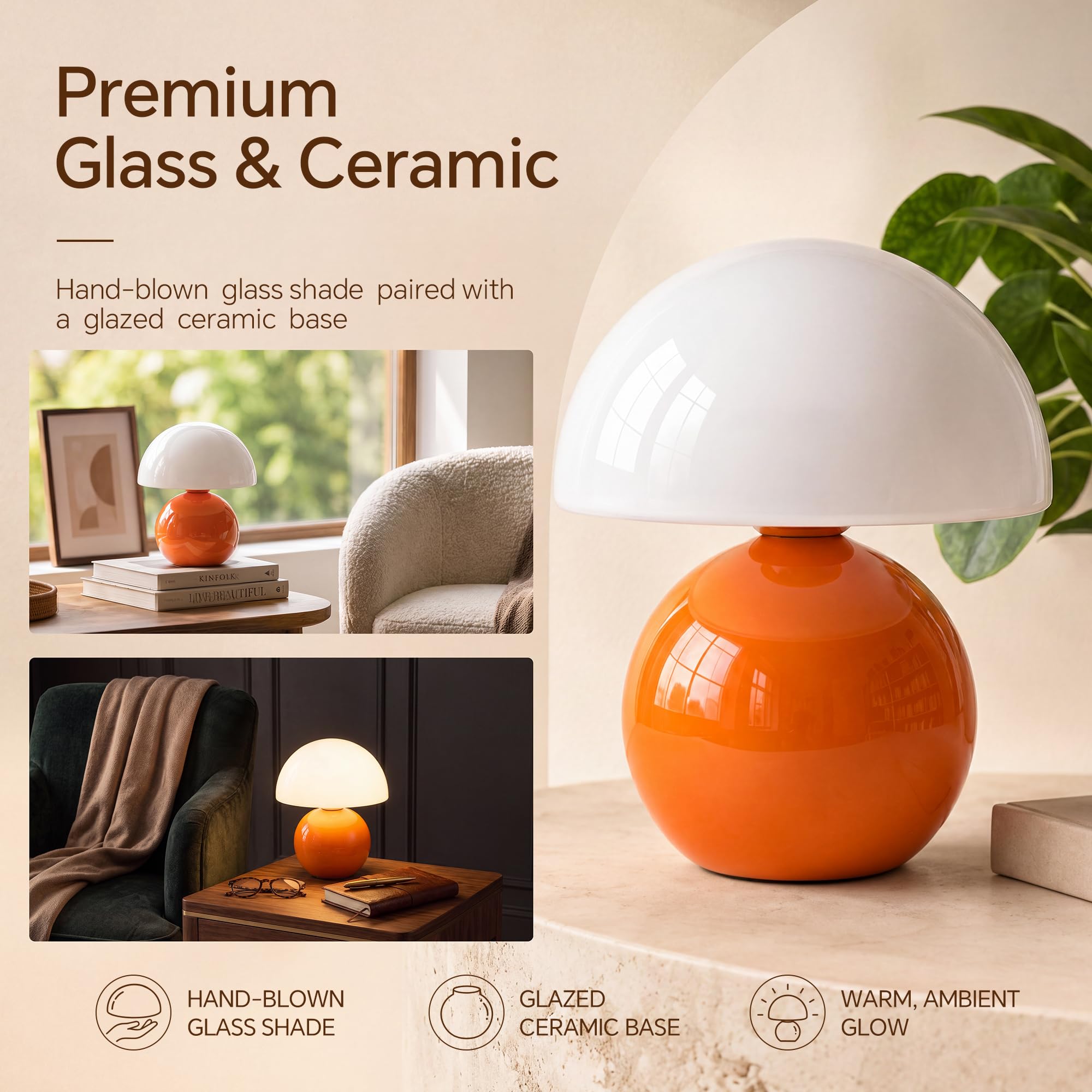 Dawnwake Lamparas de Mesita de Noche, Lámpara de mesa LED Regulable, Pantalla de Cristal Con Forma de Hongo y Base de Cerámica, Decoración del Hogar Para Dormitorio, Sala de Estar (Naranja)