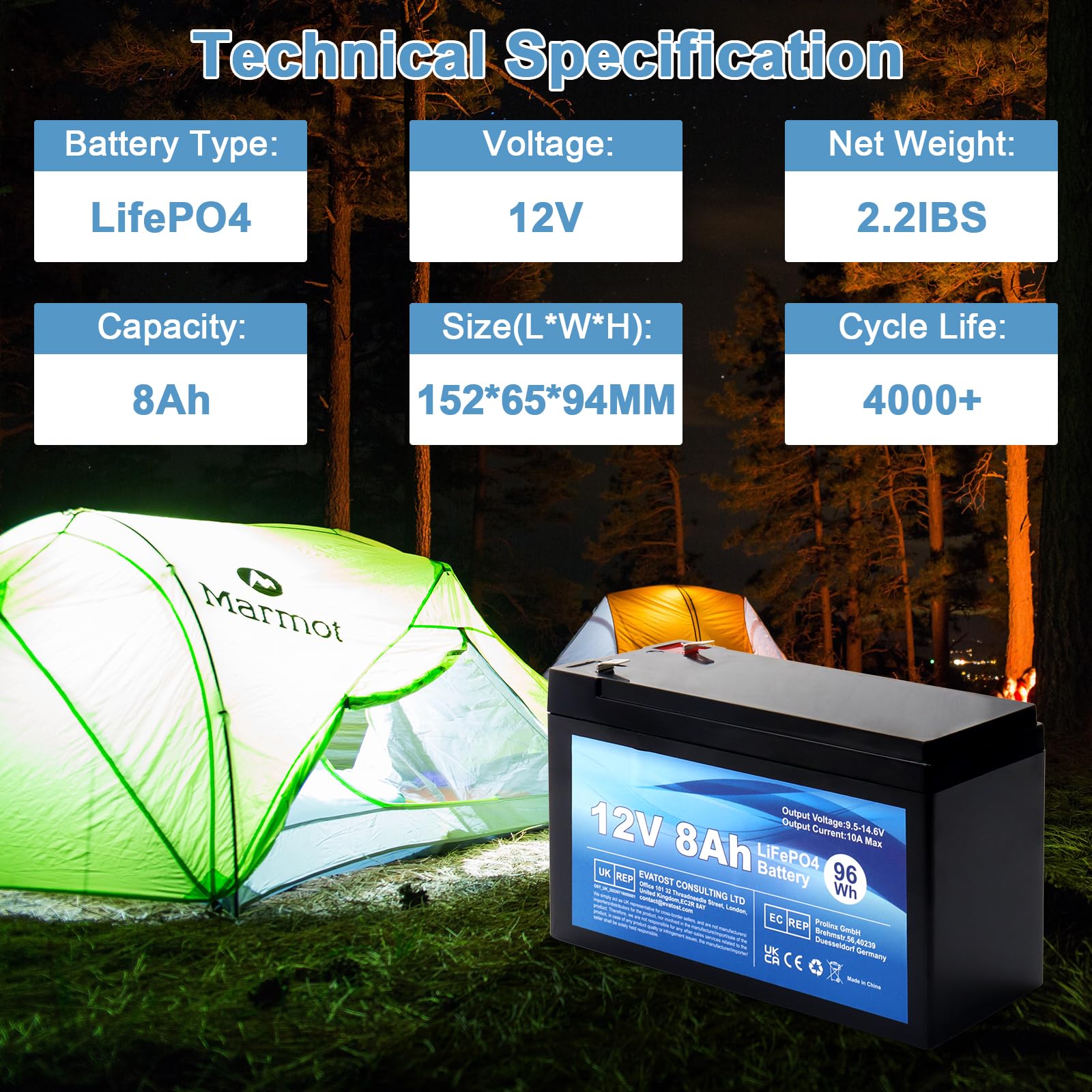 12V 8Ah LiFePO4 Batterie de Lithium Rechargeable, Cycle Profond 2000 Fois avec Protection BMS, Batterie LiFePO4 pour Les Bateaux à Moteur, Camping, Scooters, USP,Éolienne, Solaire, Onduleurs