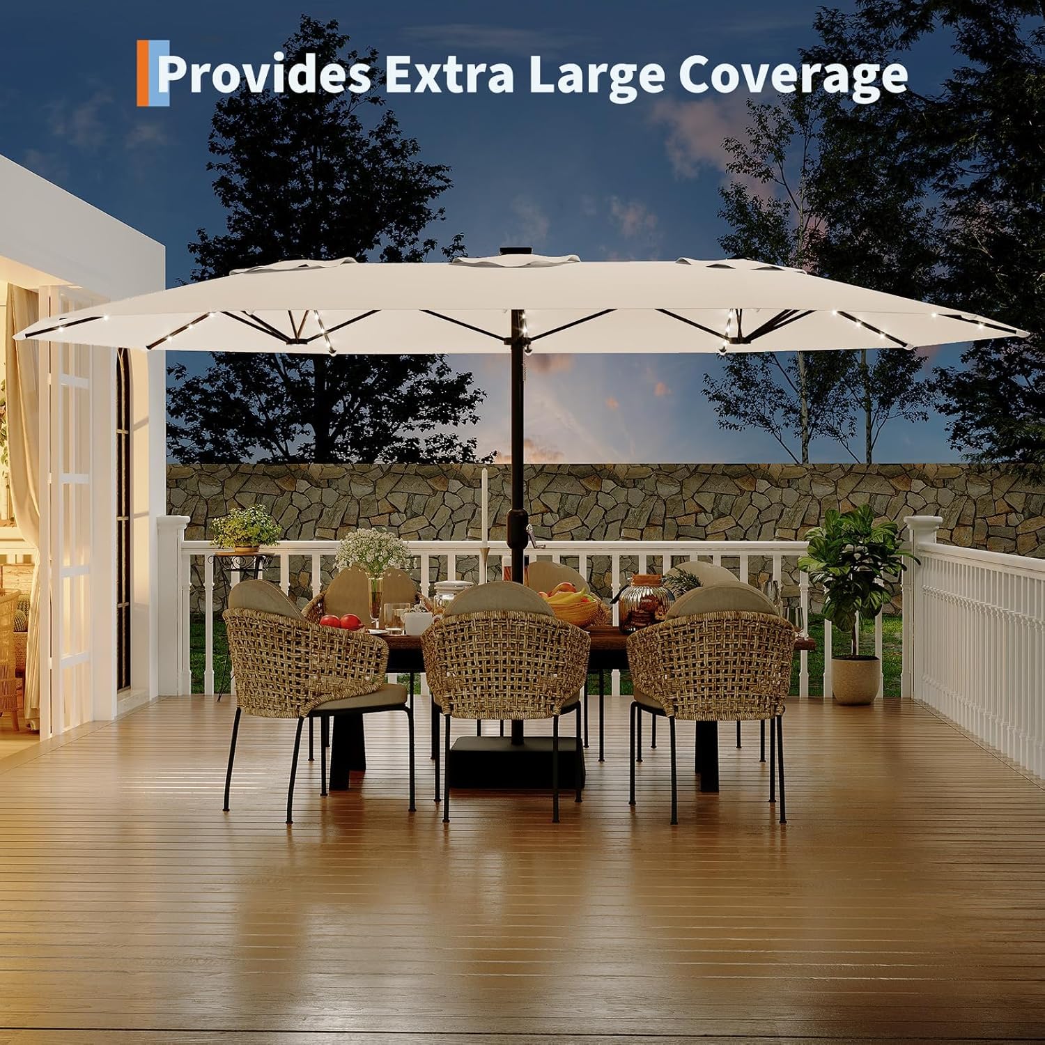 15FT Extra Large Double-Sided Patio Umbrella with Solar LED Lights – Heavy-Duty Rectangular Outdoor Market Umbrella, Fade-Resistant UV Canopy, Included Base for Backyard, Pool, Deck, Garden – Beige/Mist Blue