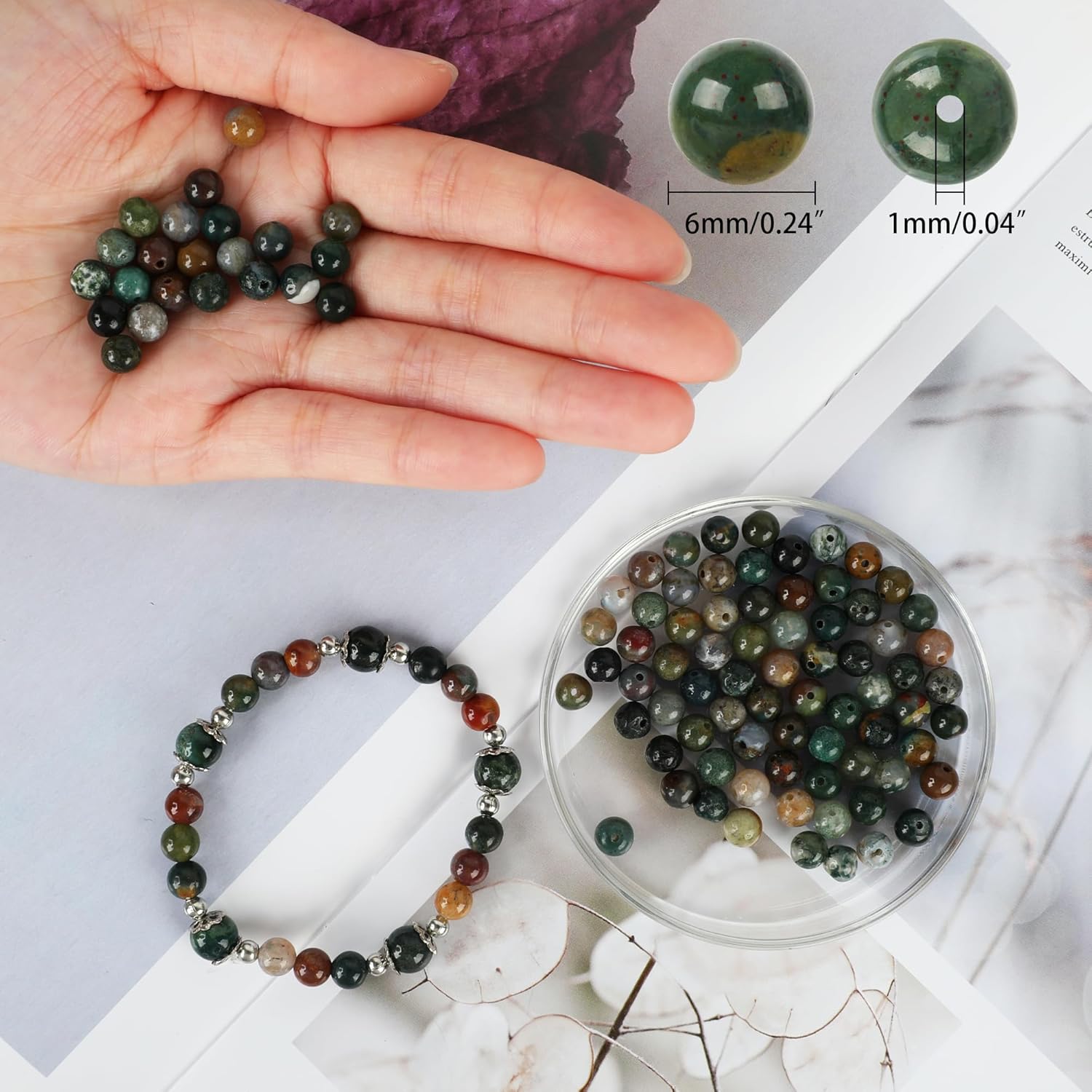 Approx. 120 pieces gemstone beads, round, diameter 6 mm, natural Indian agate, gemstones, semi-precious stones, stone beads, loose beads for bracelets, necklaces, jewellery, crafts, threading