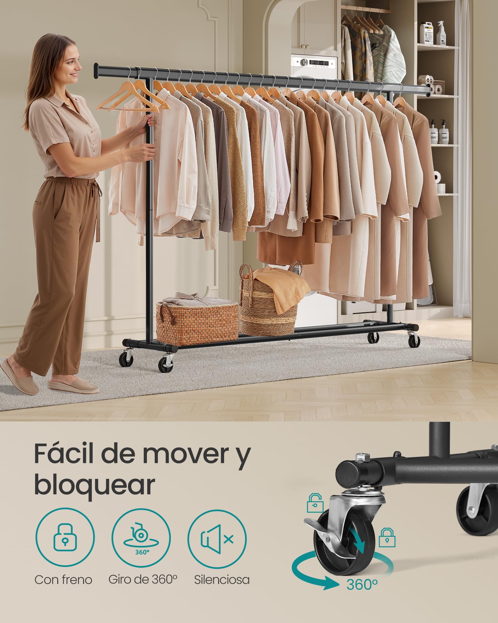 SONGMICS Burro Ropa con Ruedas, Perchero Burro Extensible con Carga Pesada, Capacidad de Carga Máx. de 150 kg, 45 x (160-200) x 161,5 cm, Fácil de Montar, Portátil, Negro HSR175B01 — view 4