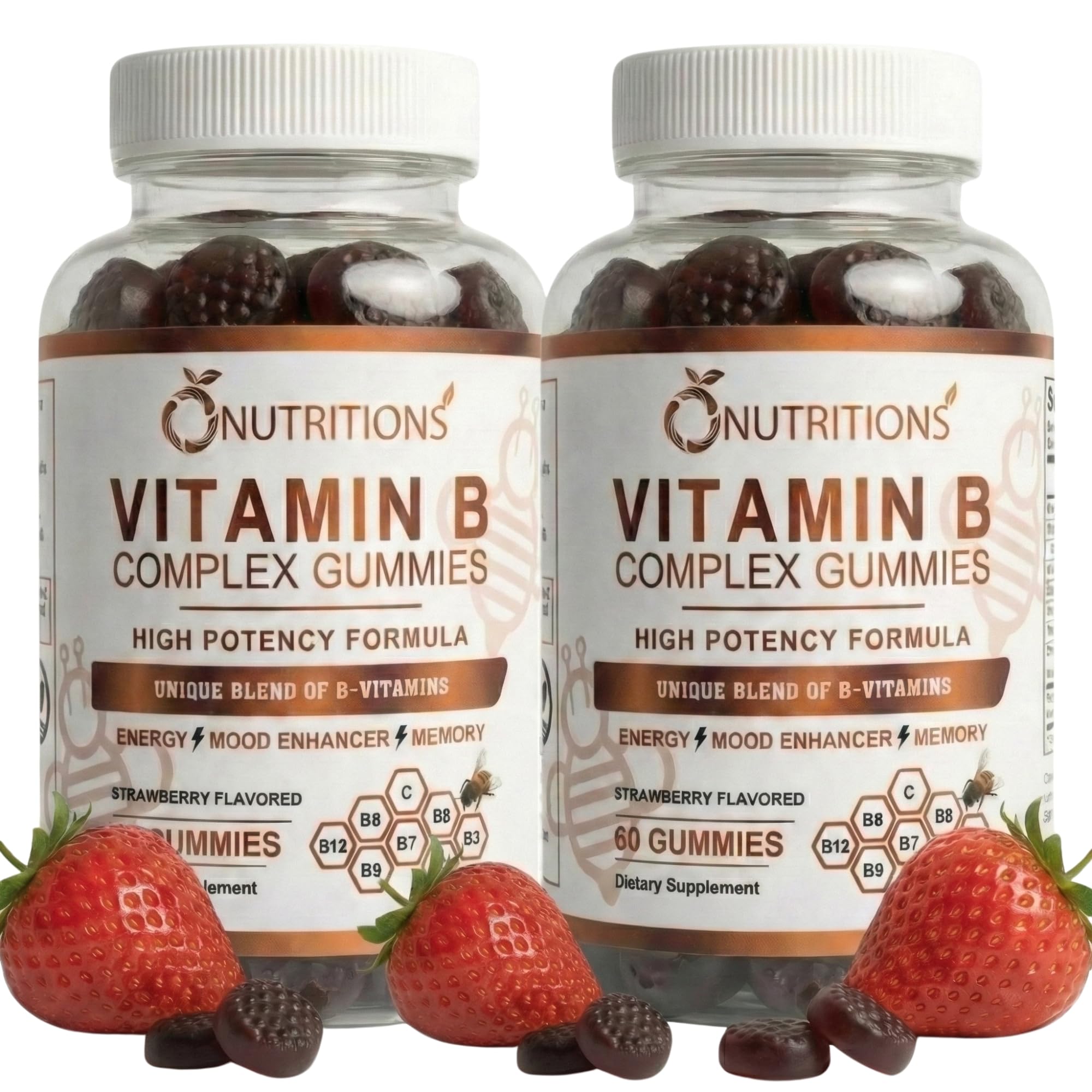 O NUTRITIONS Vitamin B Complex Vegan Gummies with Vitamin B12, B7 as Biotin, B6, B3 as Niacin, B5, B6, B8, B9 as Folate for Stress, Energy and Healthy Immune System (2 Pack)