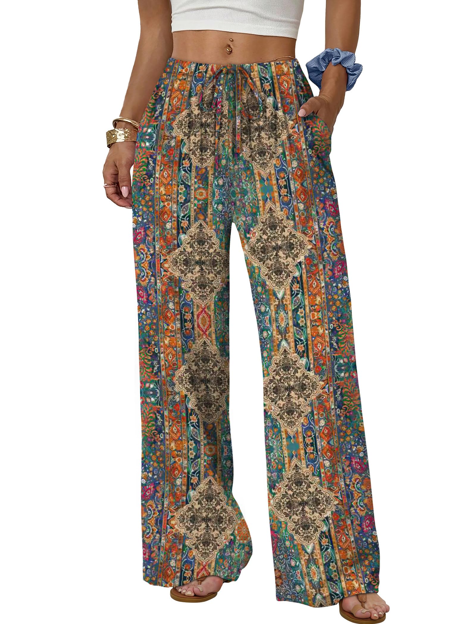 Sampeel Wide Leg Pants for Women Flowy Palazzo Drawstring Elastic Waist Trousers with Pockets Summer Beach Vacation Clothes Pattern Boho Large