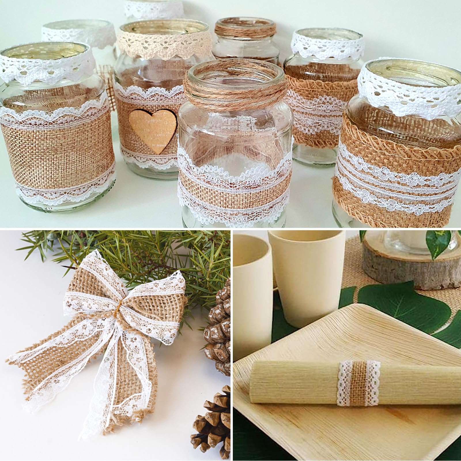 Set van 9 rollen vintage jute lint van natuurlijke jute met witte punten voor doe-het-zelf handwerk, Kerstmis, bruiloft, feest, knutselen, cadeaulint