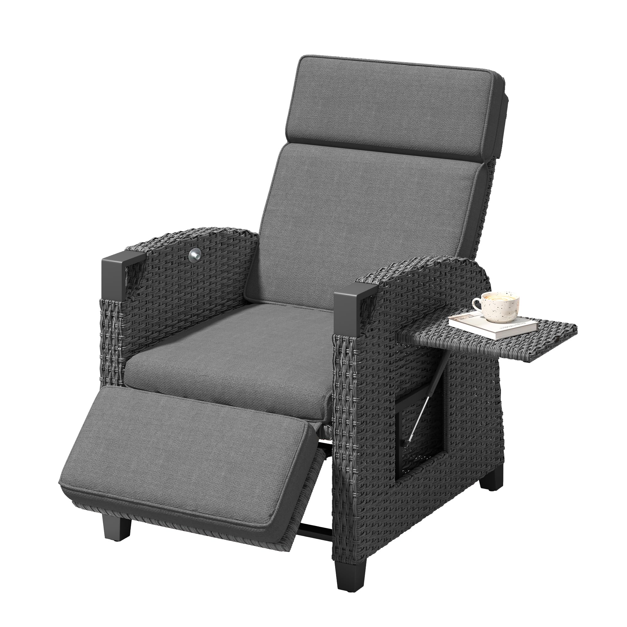 Amopatio Garden Recliner Chairs Sunlounger with 150° Adjustable Backrest & Flip Table, Outdoor Lounge Chair Rattan Sun Lounger for Patio, Yard, Balcony, Grey Cushion & Grey Wicker