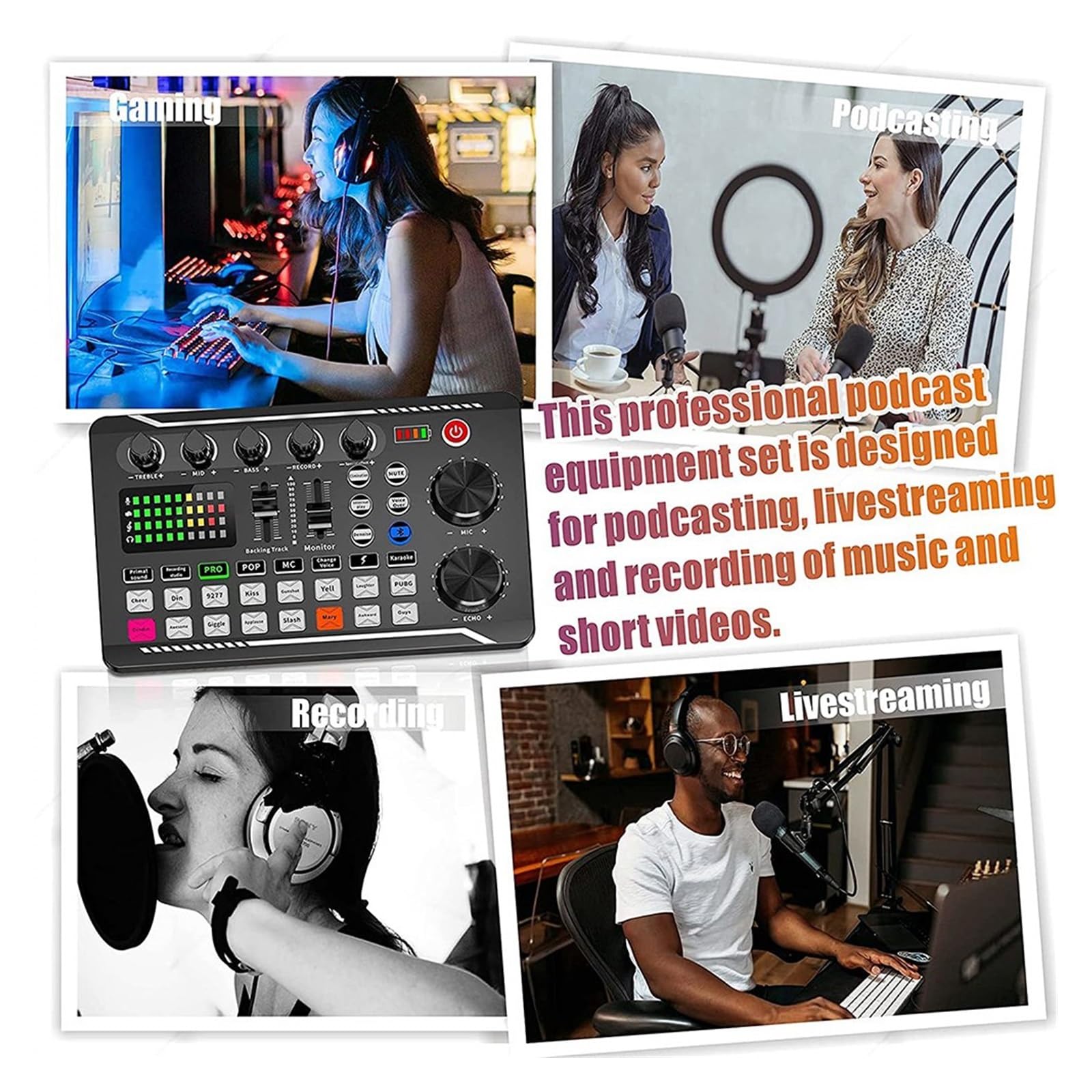 Podcast Kit, Pacchetto attrezzatura podcast, microfono scheda audio (120 KHz/24 bit) e mixer audio professionale for giochi in streaming