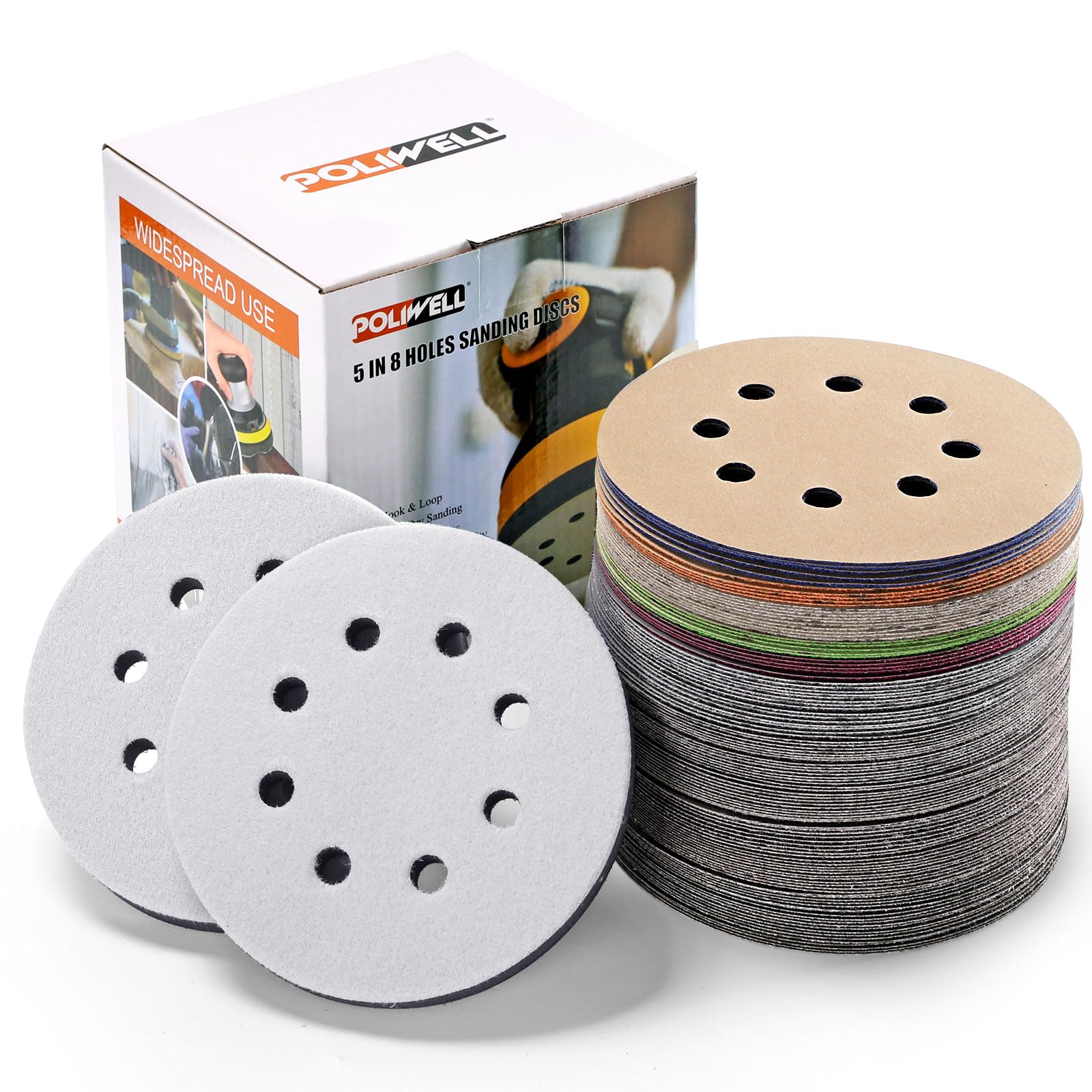 POLIWELL 5 Inch Sanding Discs Hook and Loop 8 Hole Heavy Duty Silicon Carbide Sandpaper 320 400 600 800 1000 1500 2000 3000 4000 5000 7000 10000 with Interface Pad for Random Orbital Sander,120 Pack