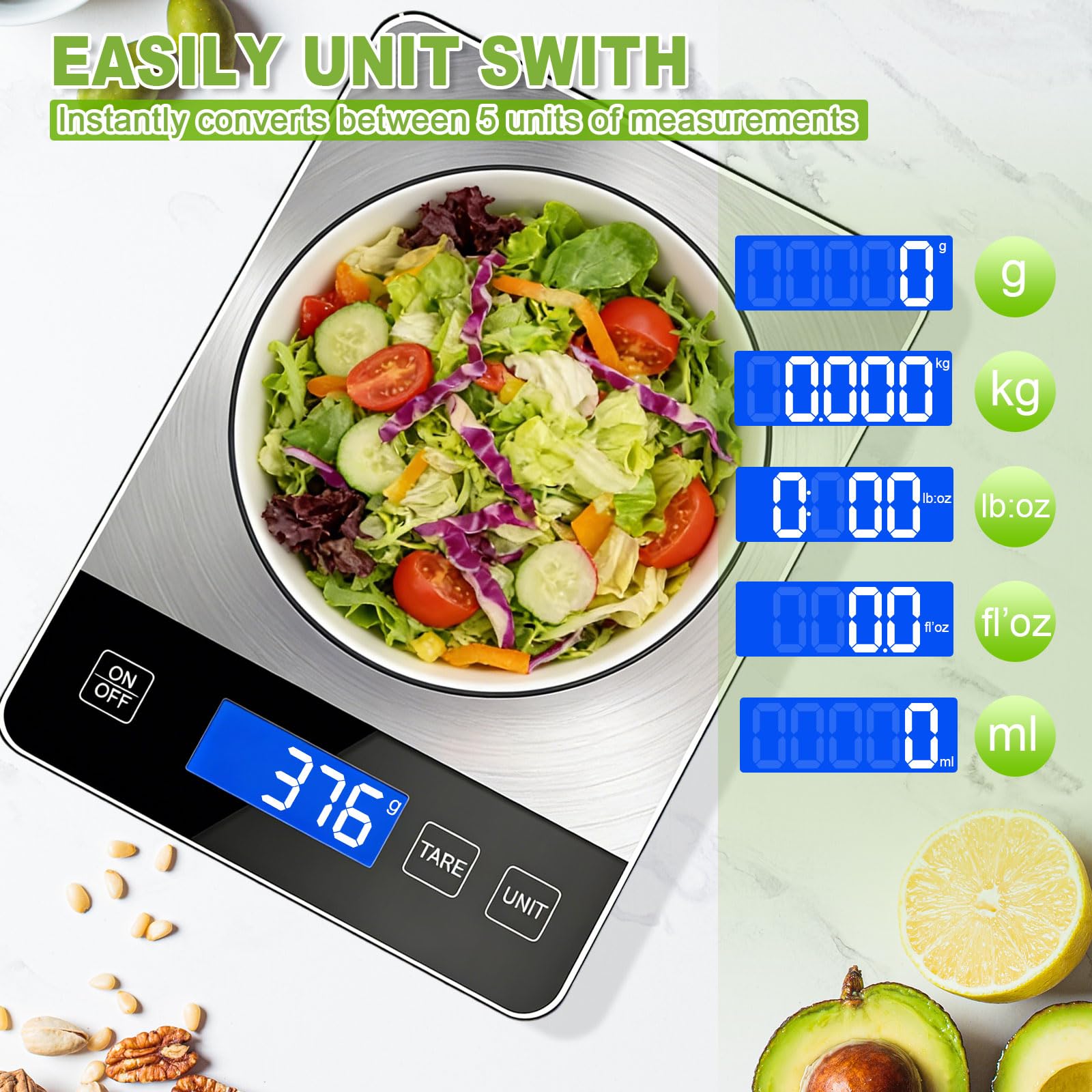 Digitale Küchenwaage, 15 kg, misst präzise Gramm und Unzen zum Backen, Kochen und Vorbereiten von Mahlzeiten, wiederaufladbarer 304 Edelstahl mit LCD-Display, Batterien und USB-Ladegerät im