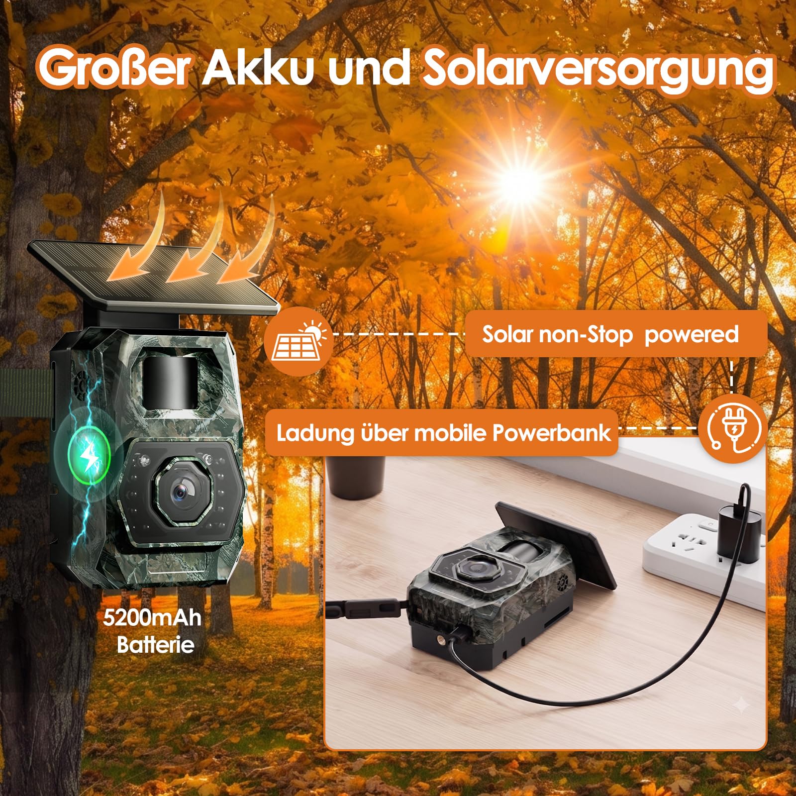 MAXDONE Wildkamera Mit Handyübertragung App, 4K 64MP Wildlife Camera solar nachtsicht bewegungsmelder 0.1s Trigger Time Wildlife Cameras Bluetooth Night Vision Camera IP66 inkl. 32GB SD-Karte