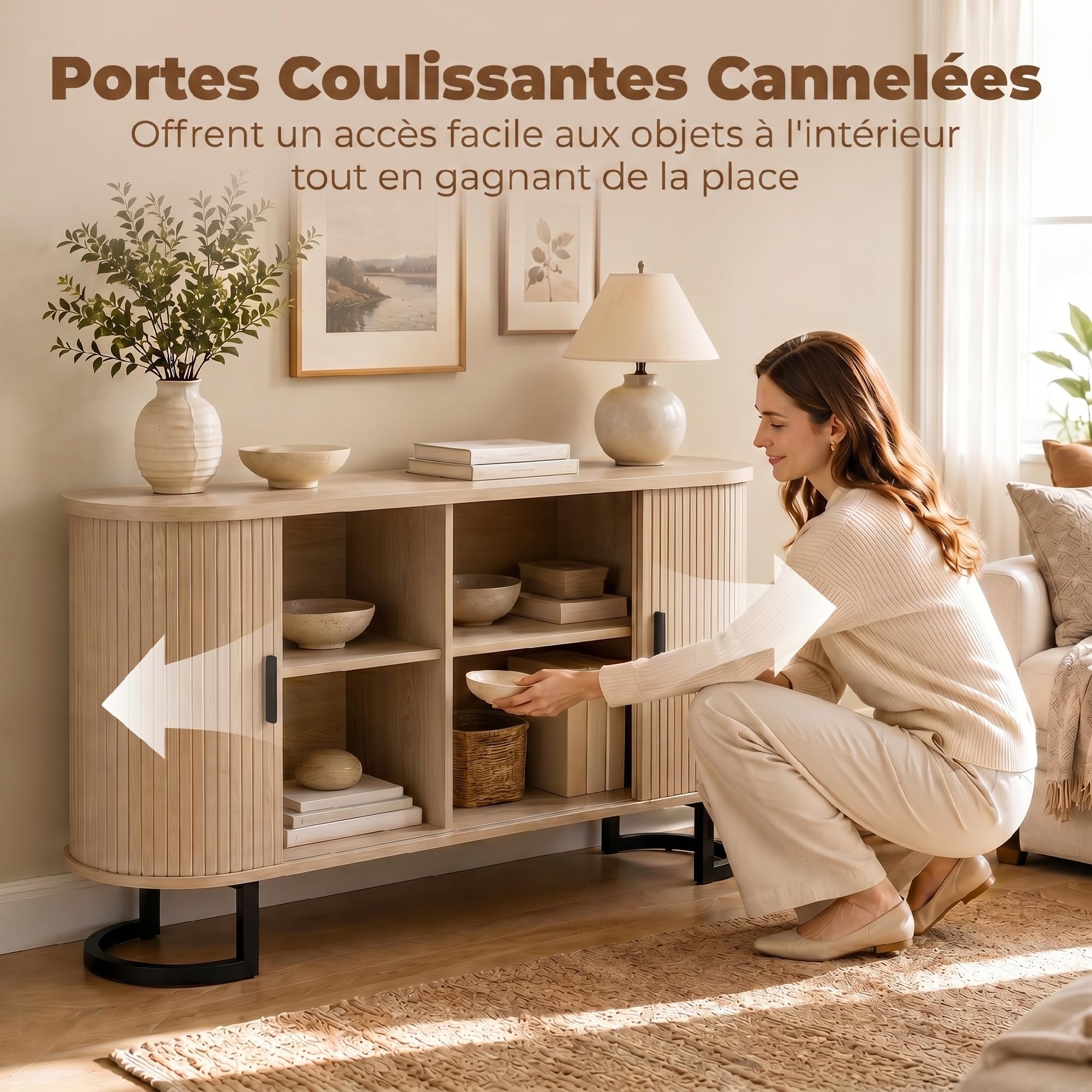 HOMCOM Sideboard ovale 2 ante scorrevoli 140x40x75cm legno naturale | Mobile contenitore, ripiani regolabili, supporto TV fino a 60 pollici, stile moderno, buffet per cucina e sala da pranzo