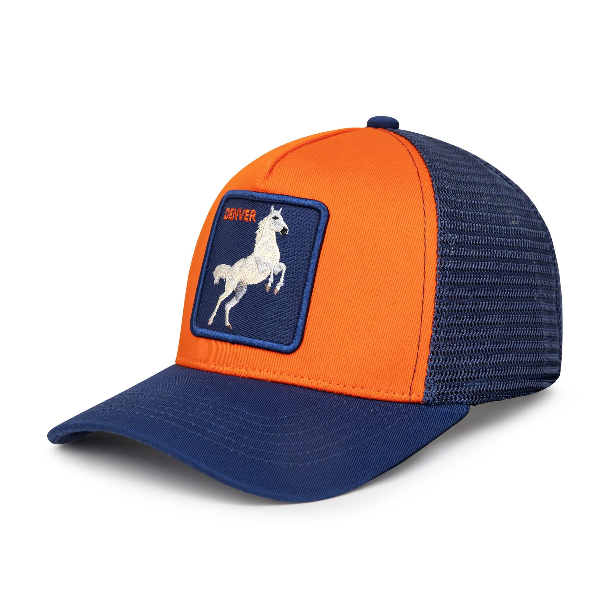 City-Flex Denver Football Fan Patch Trucker Hat - Netted Snapback Baseball Cap with Team Design for Men & Women (Orange/Navy - Horse)