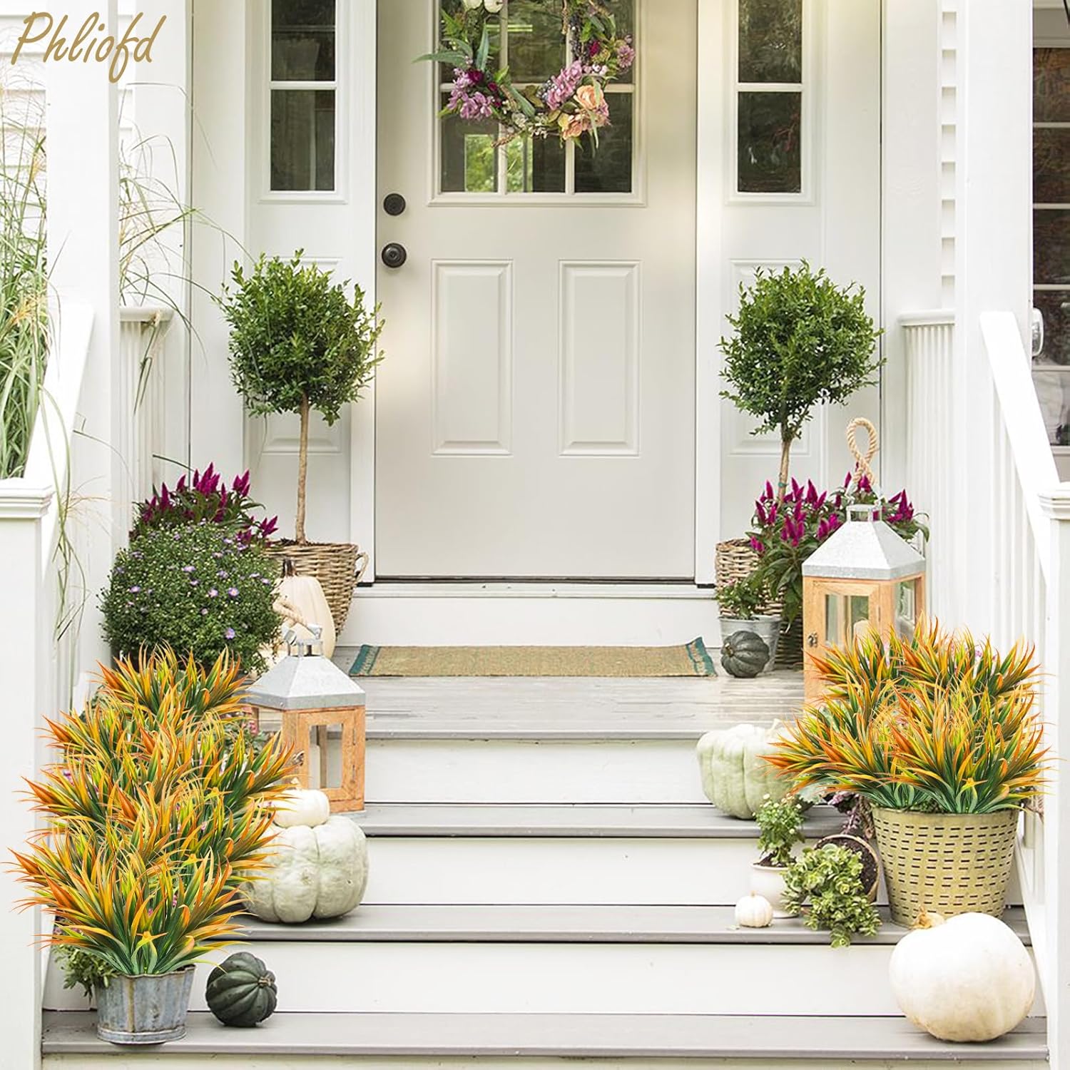 6Pcs Artificial Grass Fake Plants 17.3in Outdoor Plastic Plants UV Resistant Greenery Fake Grass for Home Window Garden Office Patio Hanging Planter Pathway Front Porch Décor Orange Yellow - Image 2