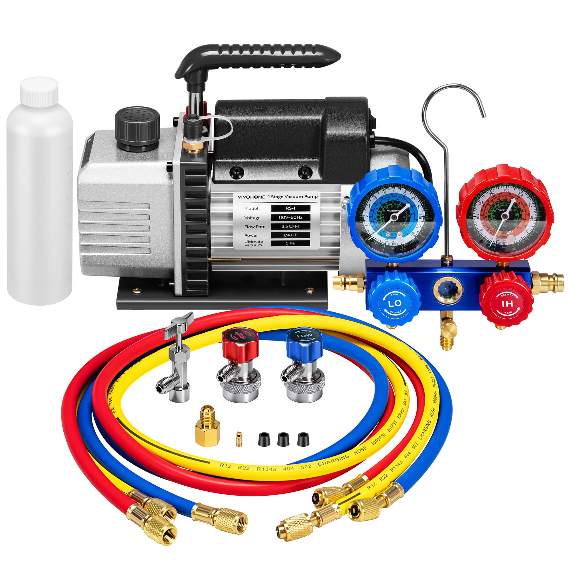 VIVOHOME 1/4 HP 3.5CFM 1 Stage AC Vacuum Pump and R134a Manifold Gauge Set | 110V HVAC Vacuum Pump Kit with 5ft Hoses for R134a R12 R22 R502 Auto Mini Split Air Conditioning Refrigeration Recharging Global Recycled Standard Global Recycled Standard Global Recycled Standard