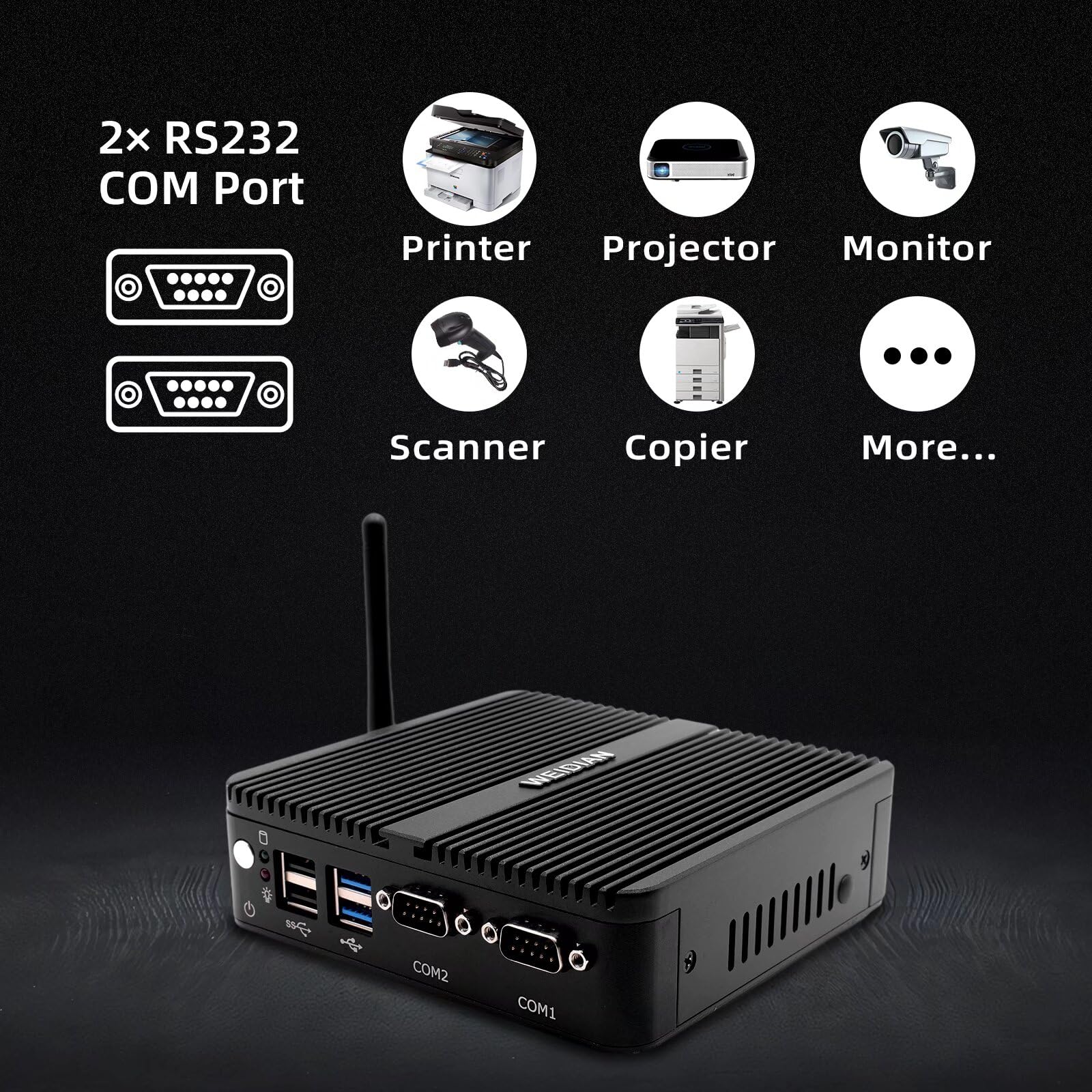 WEIDIAN PC Industriale Senza Ventola, N100 (fino a 3,4 GHz) Mini PC Fanless Industrial, 4K HD+VGA Dual Display Output, 2Gigabit Ethernet, 4USB, 2RS232 COM, WiFi, BT(32GB RAM 512GB SSD)