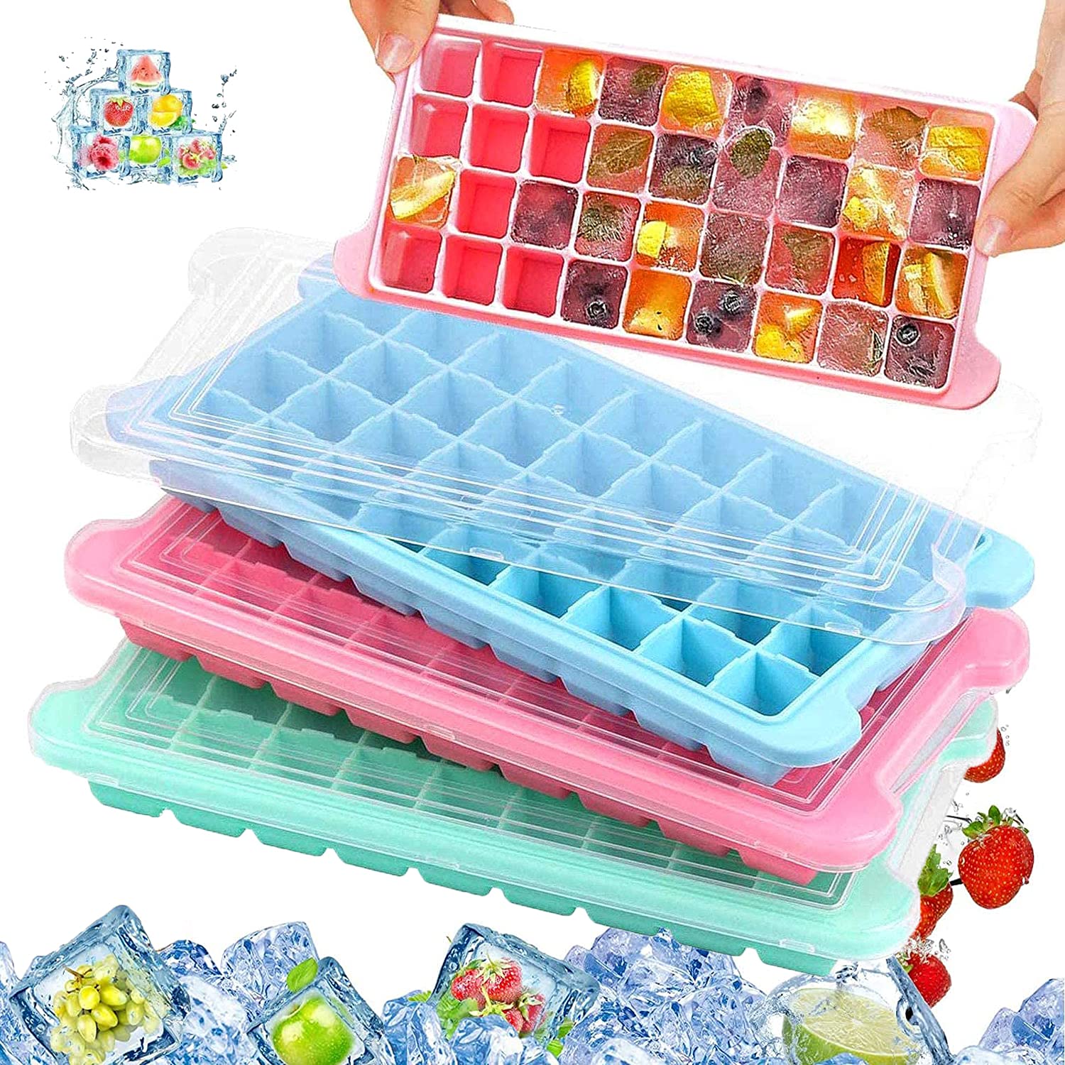 WELLXUNK Silicone Ice Cube Mould, 3-Pack 108 Ice Cube Molds, Ice Cube Tray with Lids - BPA Free, Ice Cube Moulds with Non-Spill Lid, for Freezer, Baby Food, Water, Whiskey, Cocktail and Other Drink