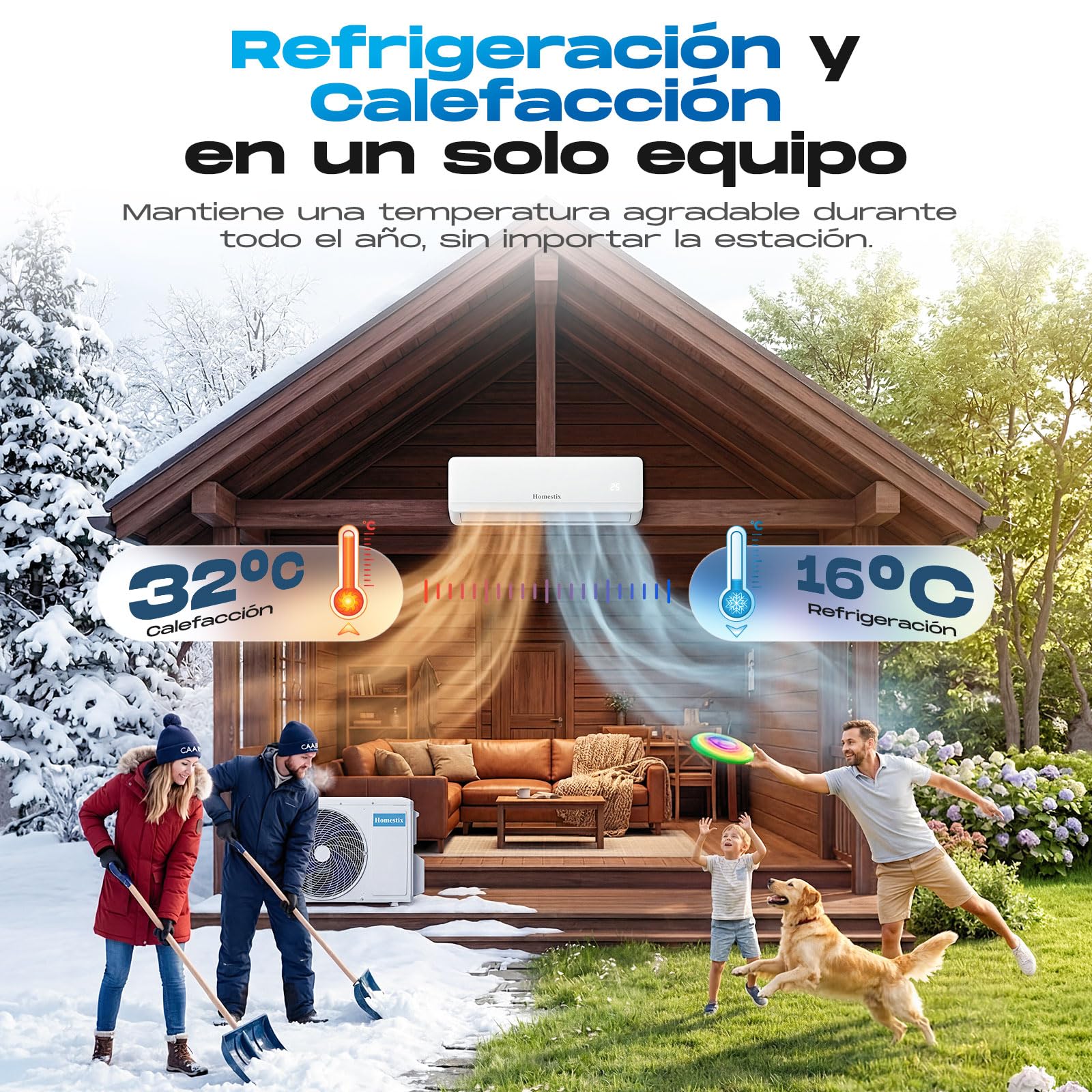 Aire Acondicionado Split 12000 BTU con Bomba de Calor, Refrigeración, Calefacción, Deshumidificación y Ventilación, Súper Silencioso,Control por Mando y App,Temporizador 24h,Modo Sueño y Eco