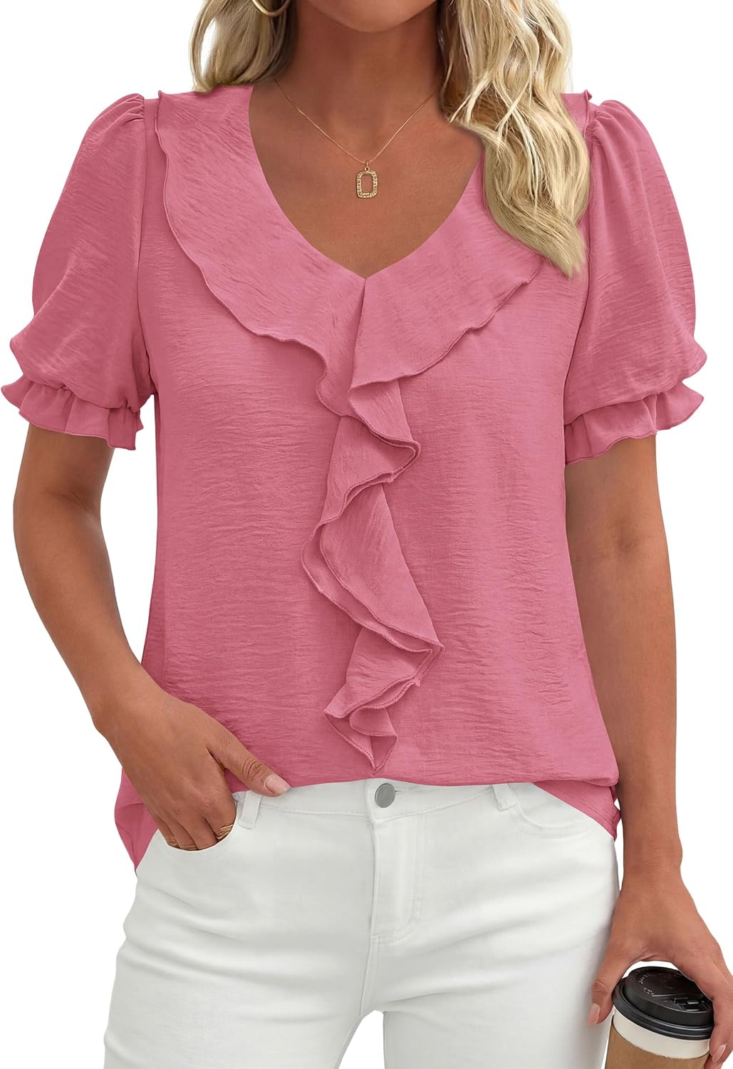 PRETTYGARDEN Women's Summer Dressy Casual Blouses 2026 Short Sleeve V Neck Ruffle Business Work Tops Trendy Spring Outfits