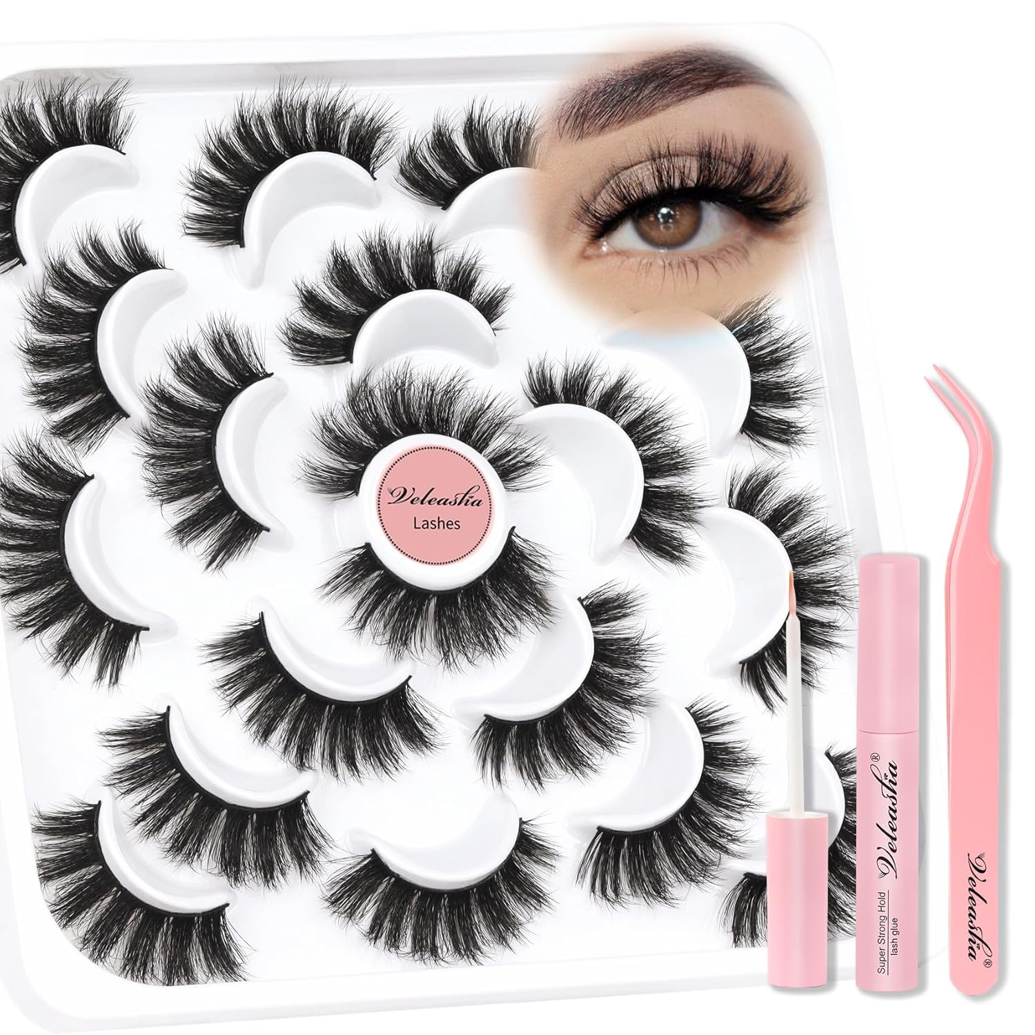 Veleasha Lashes Fluffy False Eyelashes 5D Handmade Faux Mink Lashes 10 Pairs False Lashes Kit with Lash Glue and Lash Tweezers Luxury Volume Fake Eyelashes Cat Eye Lashes Strips (801 Kit)