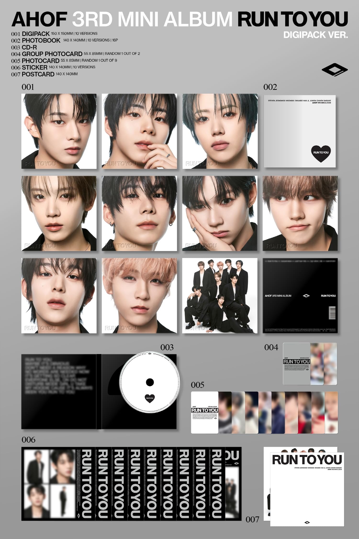 (Juego Digipack: Cha Woongki+Chih En+Daisuke+JL+Park Han+Park Juwon+Seo Jeongwoo+Steven+Zhang Shuaibo) AHOF RUN TO YOU 3er mini álbum con seguimiento