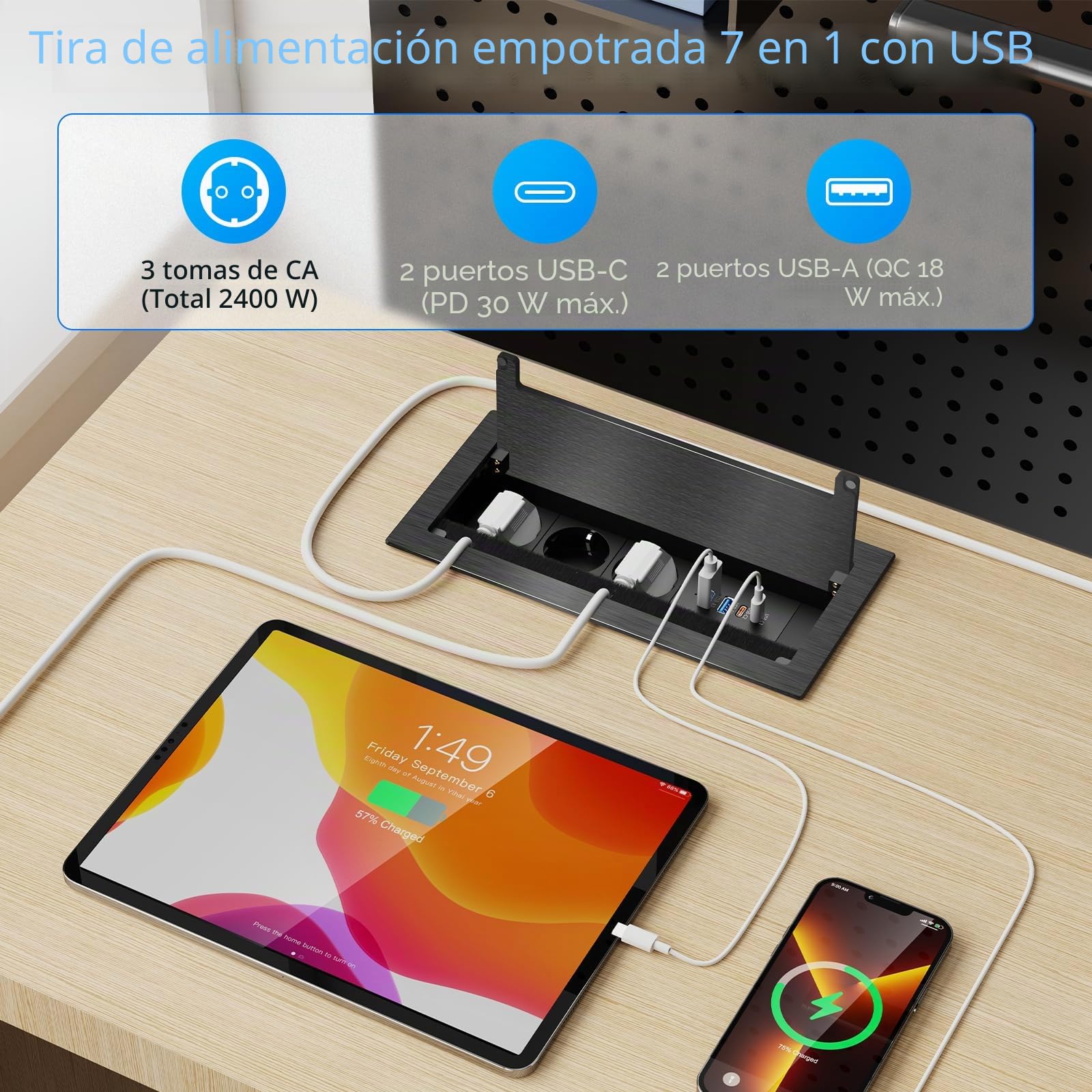 Enchufe empotrable con 2 USB-C PD 30W y 3 Tomas, Aluminio | Regleta empotrable con 4 USB, 2 USB-A QC18W, tapa metálica abatible antipolvo, cable 1,8 m, escritorio y cocina
