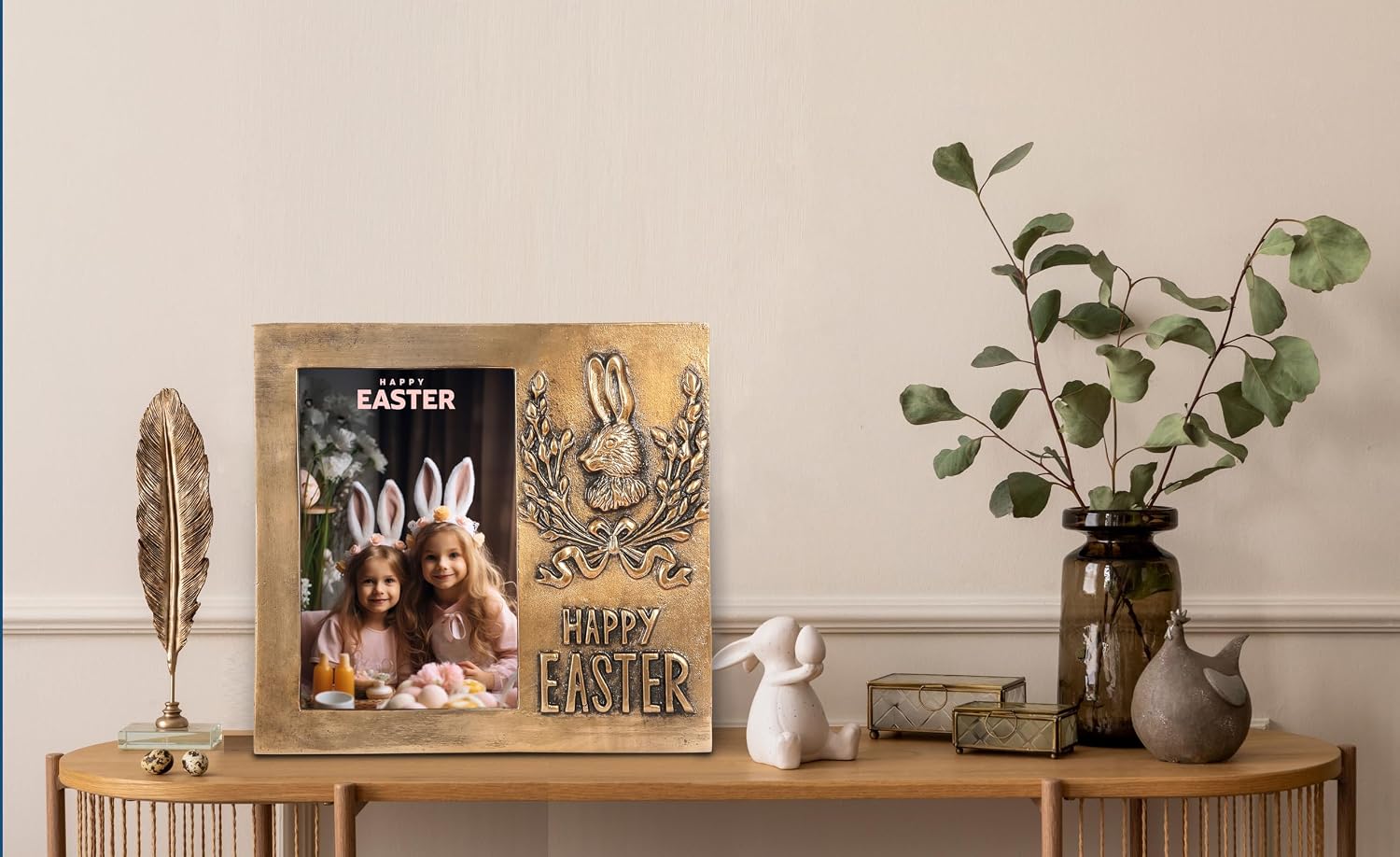 AHC HOME & LIVING Easter Picture Frame 4x6 – Antique Gold Metal Frame for Tabletop & Wall Display – Happy Easter Photo Frame Gift