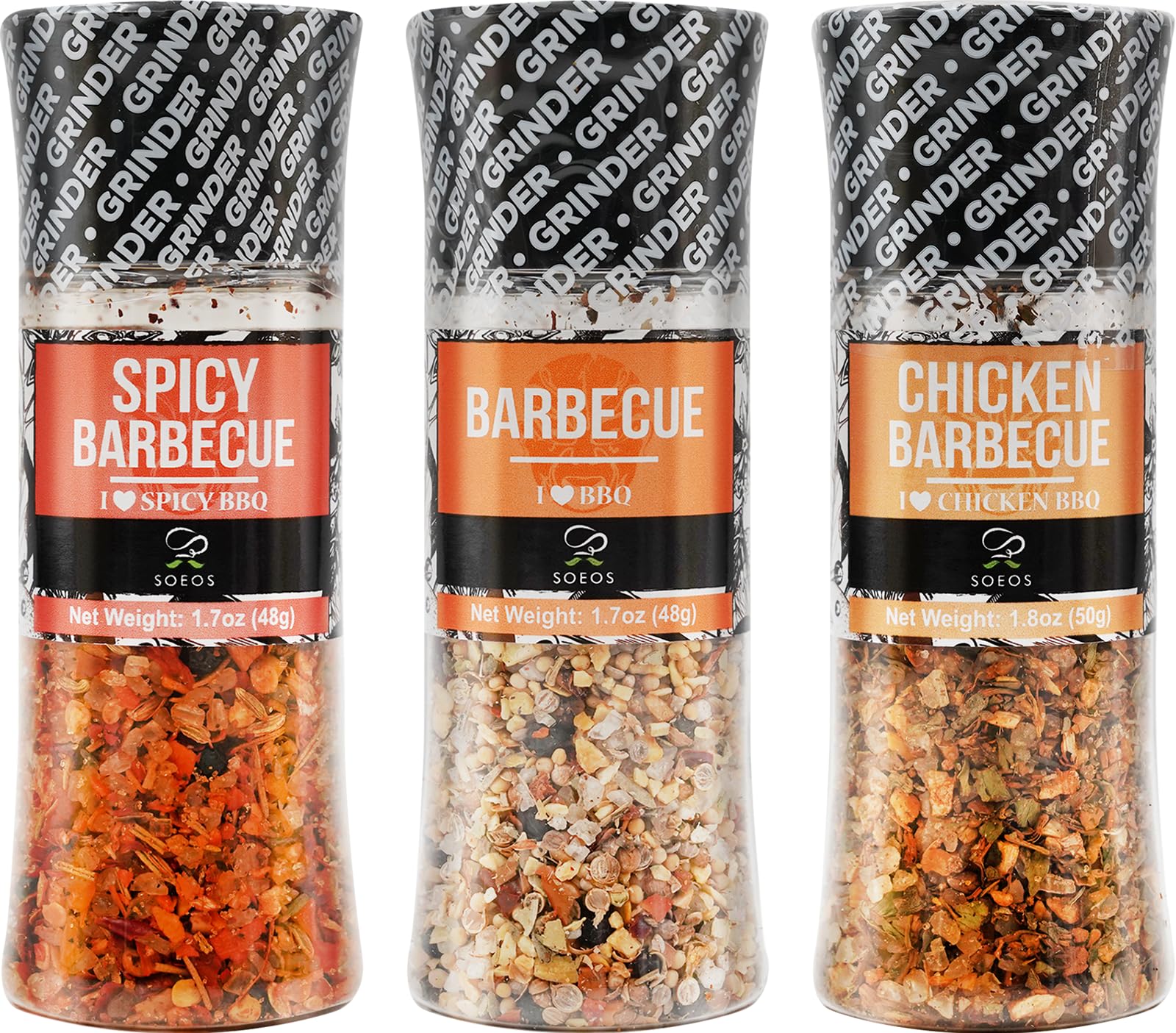 SoeosSpice Seasoning Set of 3, 5.2oz(146g), With Integrated Grinders, Salt and Pepper Grinder Set, Pure and Fresh Perfect for BBQ Seasoning Gift Set, Grilling Spice, Herb, Spice & Seasoning Gifts