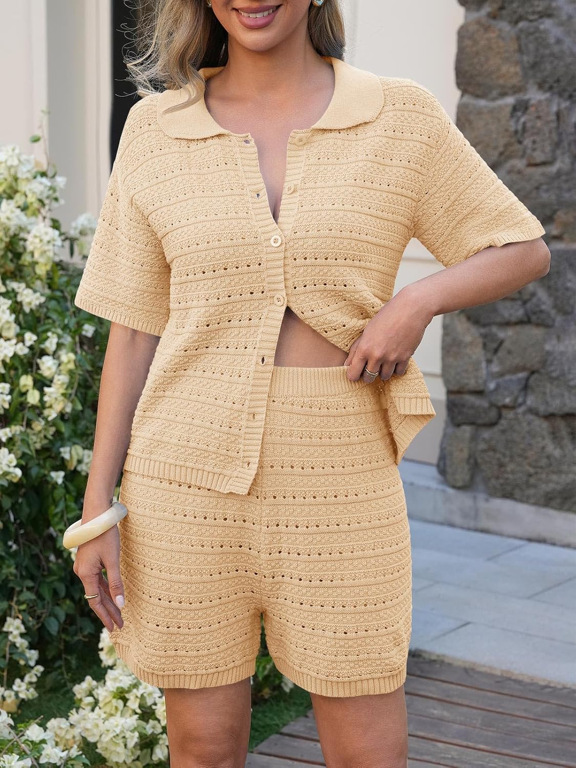 Fisoew Womens 2 Piece Crochet Swimsuit Cover Ups Button Cardigan Loose Knit Shorts Sets Summer Beach Vacation Outfit - Image 3