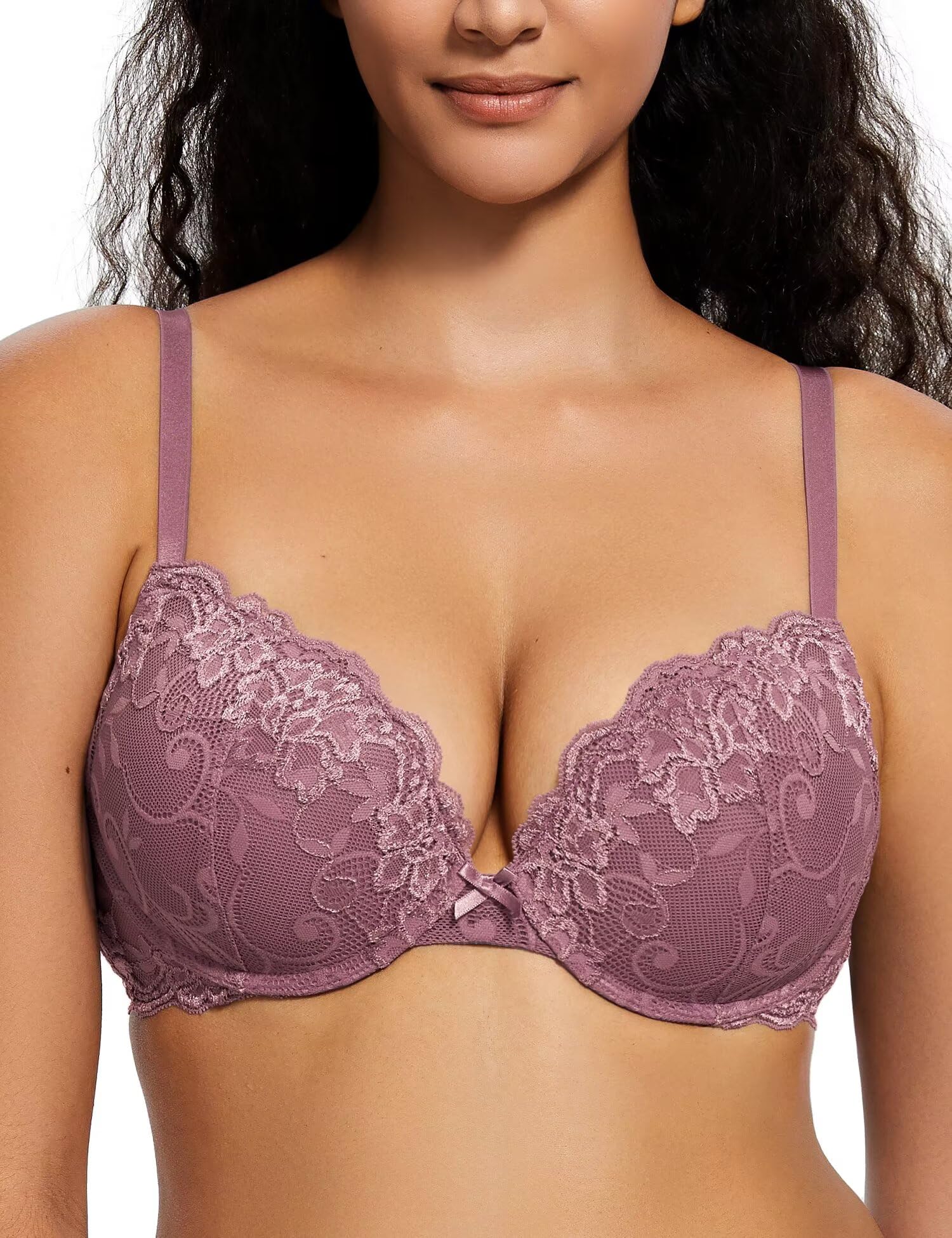 Deyllo Push-Up-BH für Damen, mit Spitze, bequemer gepolsterter Bügel-BH, hebt an, vergrößert um eine Körbchengröße