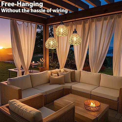 Miniatura 7 de Paquete de 3 candelabros para exteriores, funciona con pilas, pequeñas luces colgantes de ratán con temporizador de control remoto, lámparas