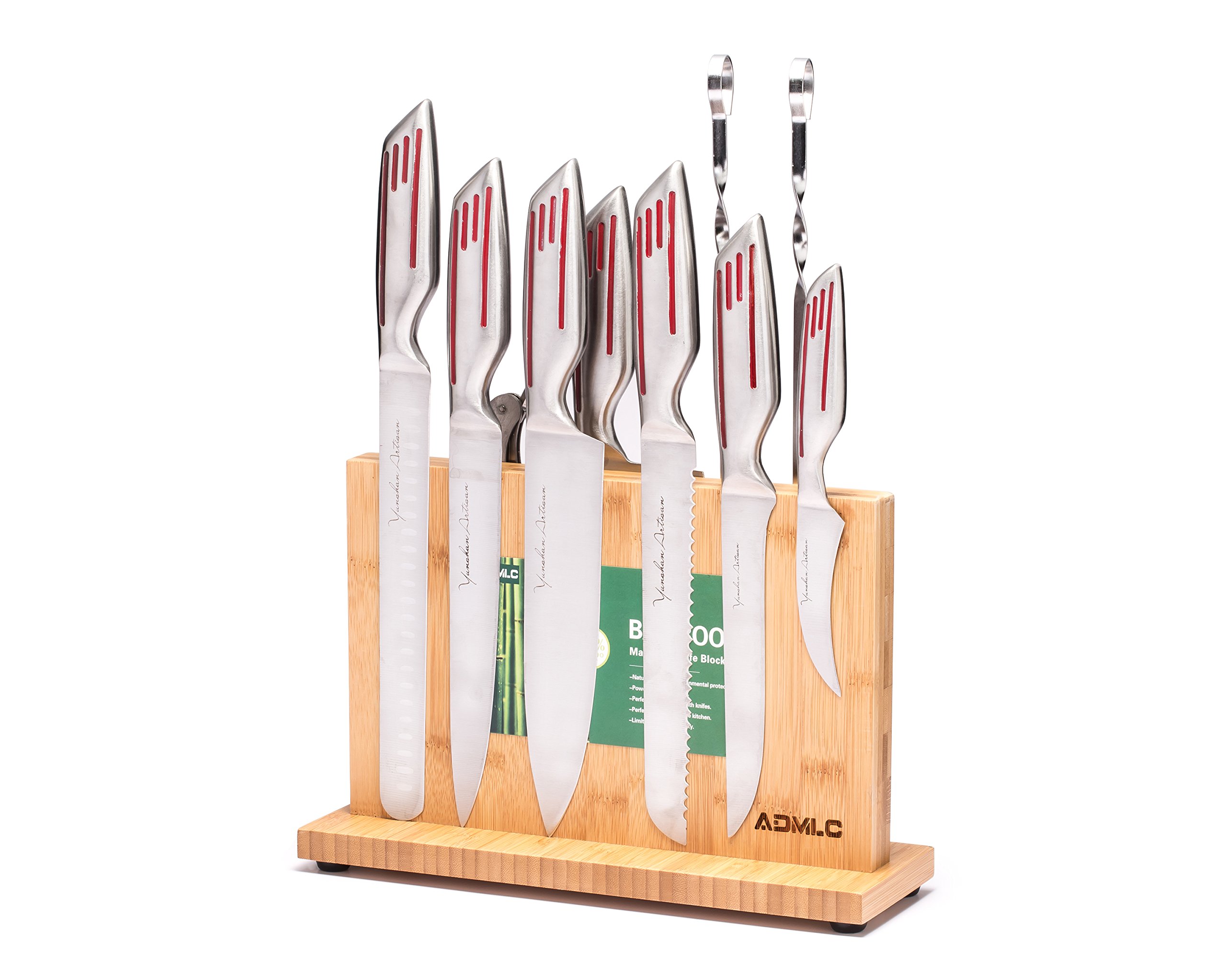 Magnetic Kitchen Knife Block(Natural Bamboo),Knife Holder,Knife Organizer Block,Knife Dock,Cutlery Display Stand and Storage Rack,Kitchen Scissor Holder,Large Capacity,Double Side Strongly Magnetic