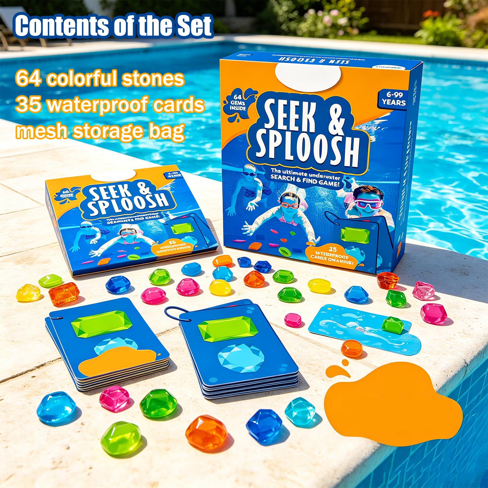 Sommer Wasserspielzeug, Pool Spielzeug für Kinder, Unterwasser Suchspiel mit 64 Edelsteinen & 35 Wasserdichten Karten, Tauchspielzeugfür Kinder, Poolspielzeug Set，3