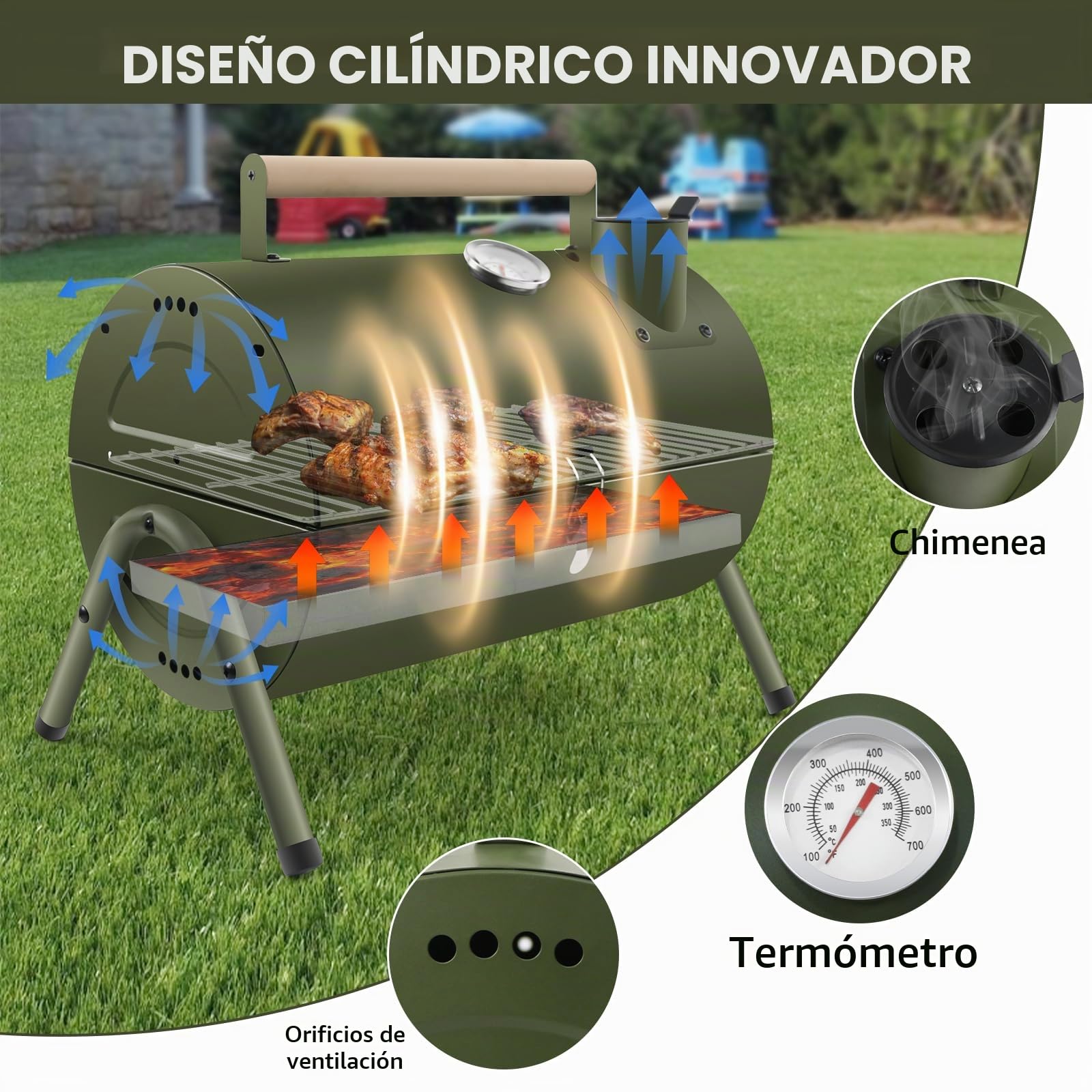Barbacoa Carbón, Parrilla Portátil para Exterior, BBQ con Tapa, Ventilación Ajustable, Termómetro, para Acampada o Picnic, para Exterior, Terraza, verde