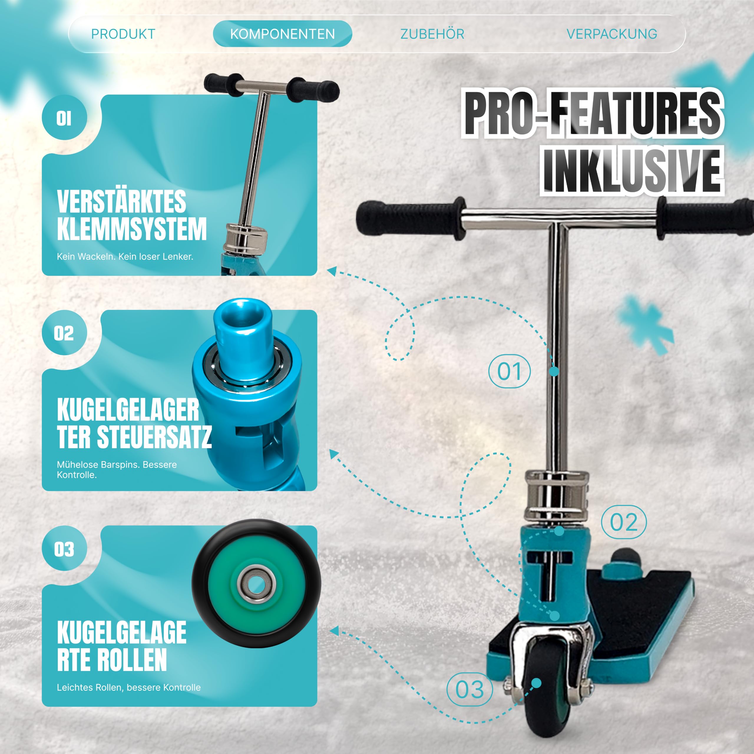 TAILWHIP PRO Finger Scooter mit Kugellagern – Kein Spiel, Laufruhig, Deck Sticker zur Individualisierung, Robuster Metall Trick Scooter für Kinder & Erwachsene, Tiffany