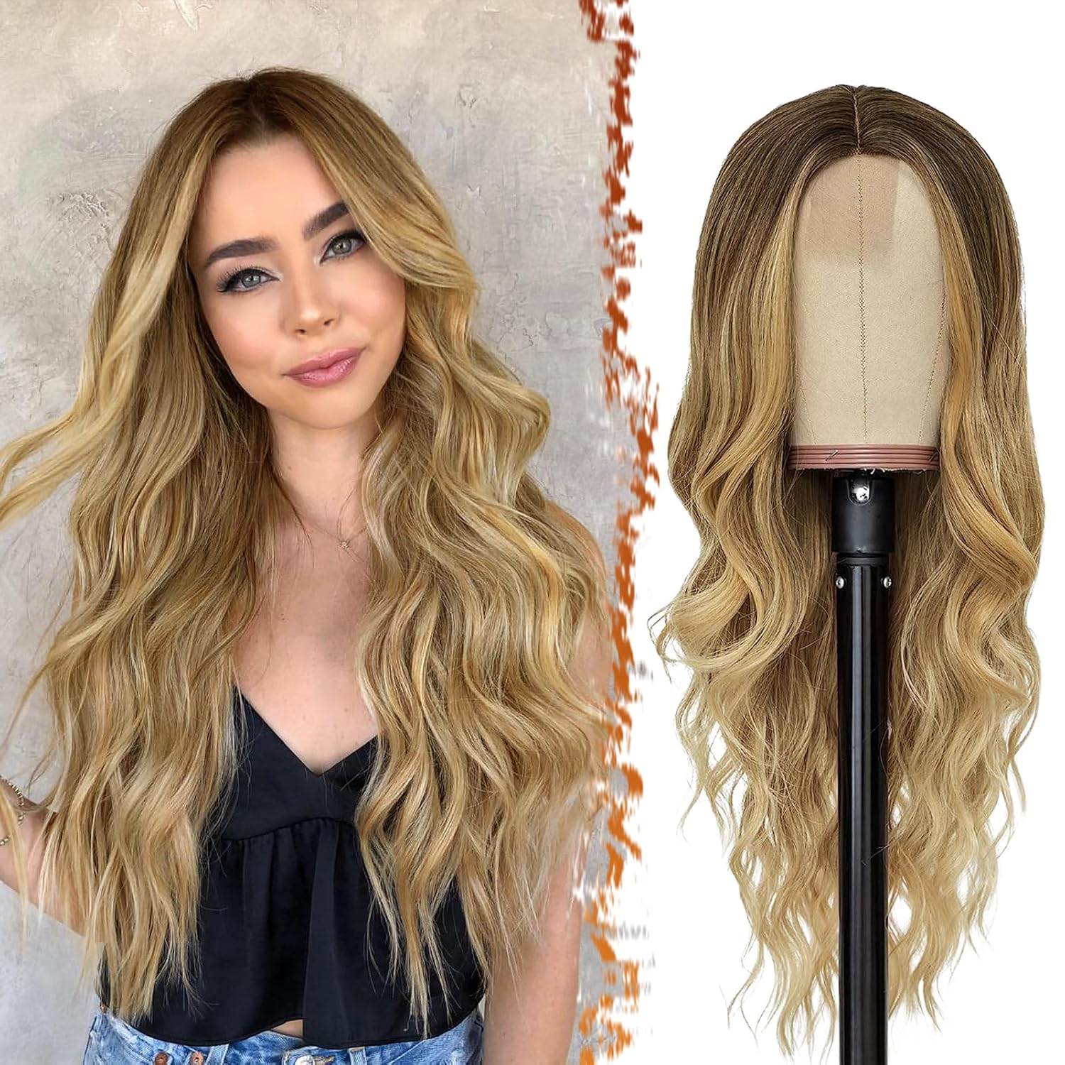 BARSDAR Long Ombre Blonde Wigs - 26 Inch Long Wavy Middle Part Wig for Women - Natural Looking Soft Synthetic Hair Replacement Wig Daily Party Cosplay Halloween Wig- Ombre Blonde