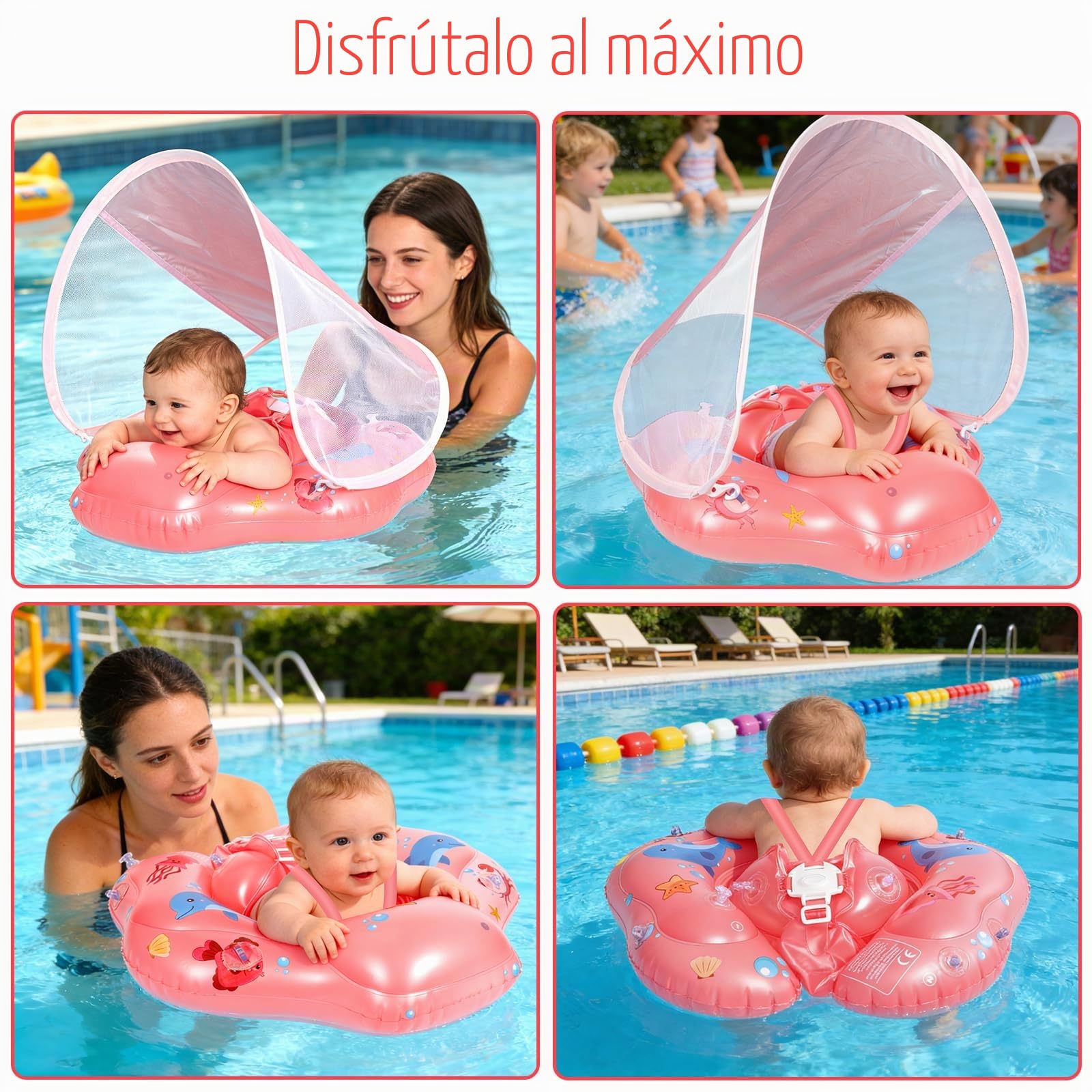 Flotador de Bebe Inflable para 3-36 Meses, Flotador Bebe con Sombrilla y Asiento de Seguridad, Banda de Natación para Bebés, Protección UV UPF 50+, Adecuado Bebe para 5-15 KG(Rosa)
